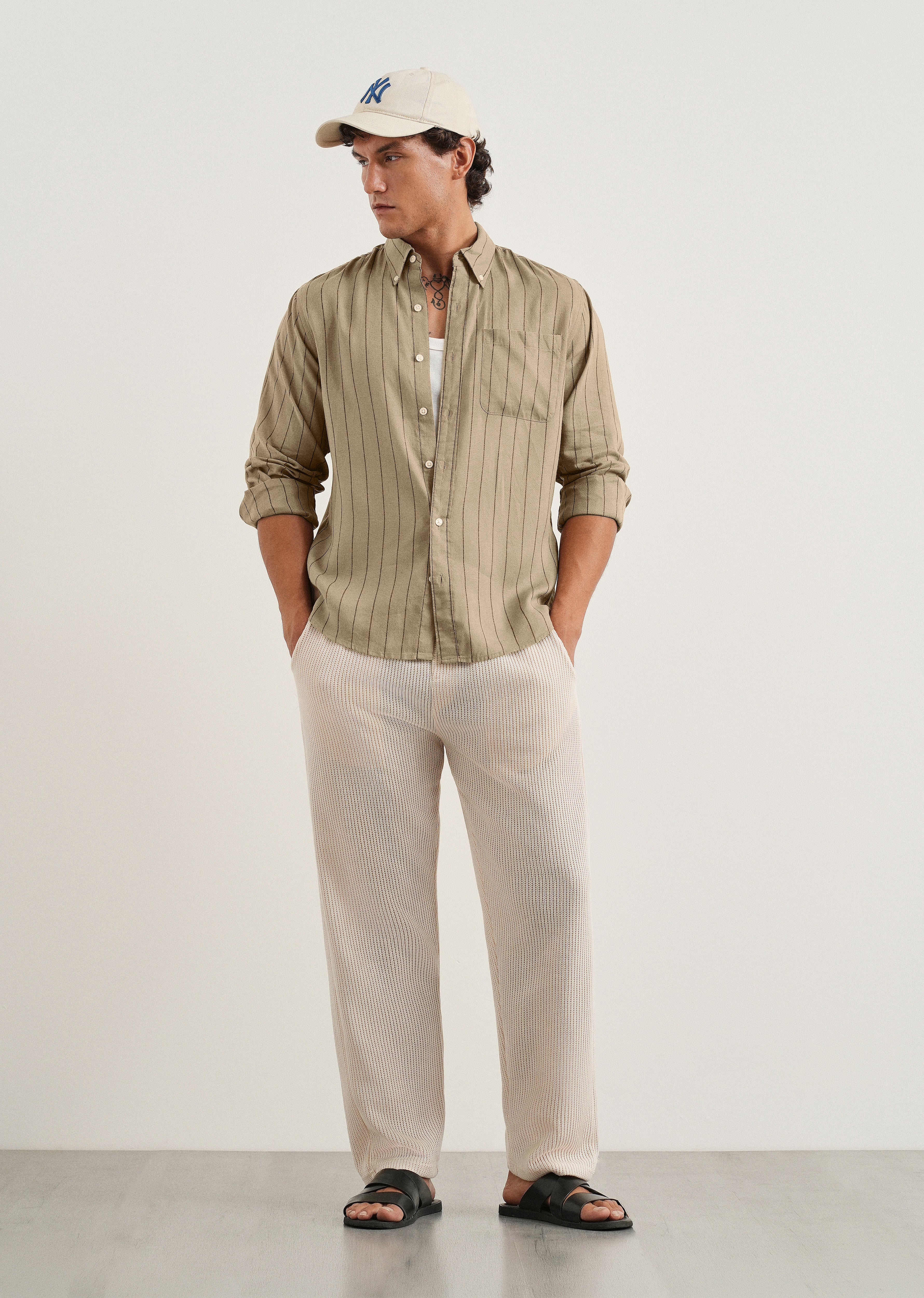 Dark Tan Lyocell Linen Stripe Shirt