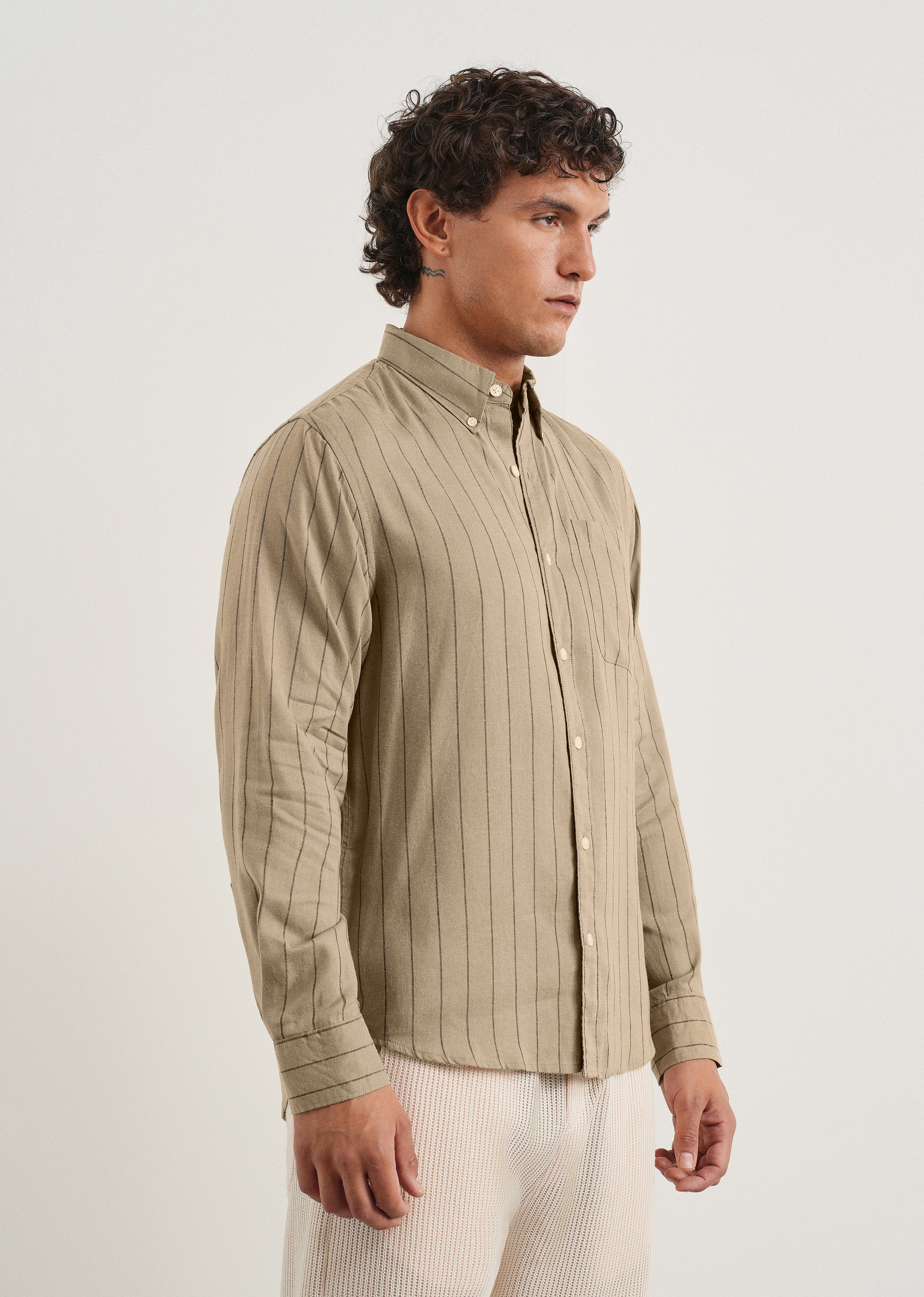 Dark Tan Lyocell Linen Stripe Shirt