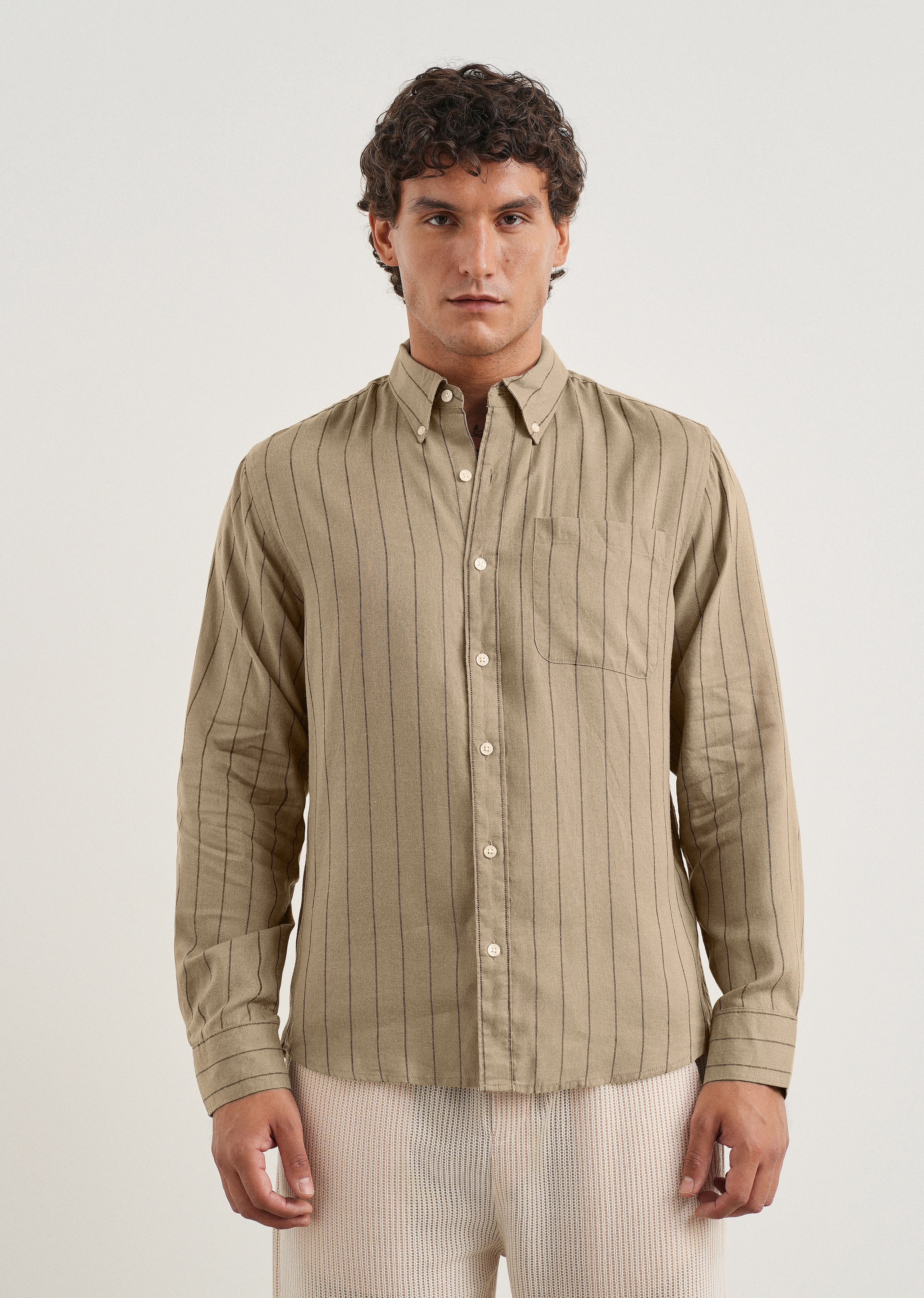 Dark Tan Lyocell Linen Stripe Shirt