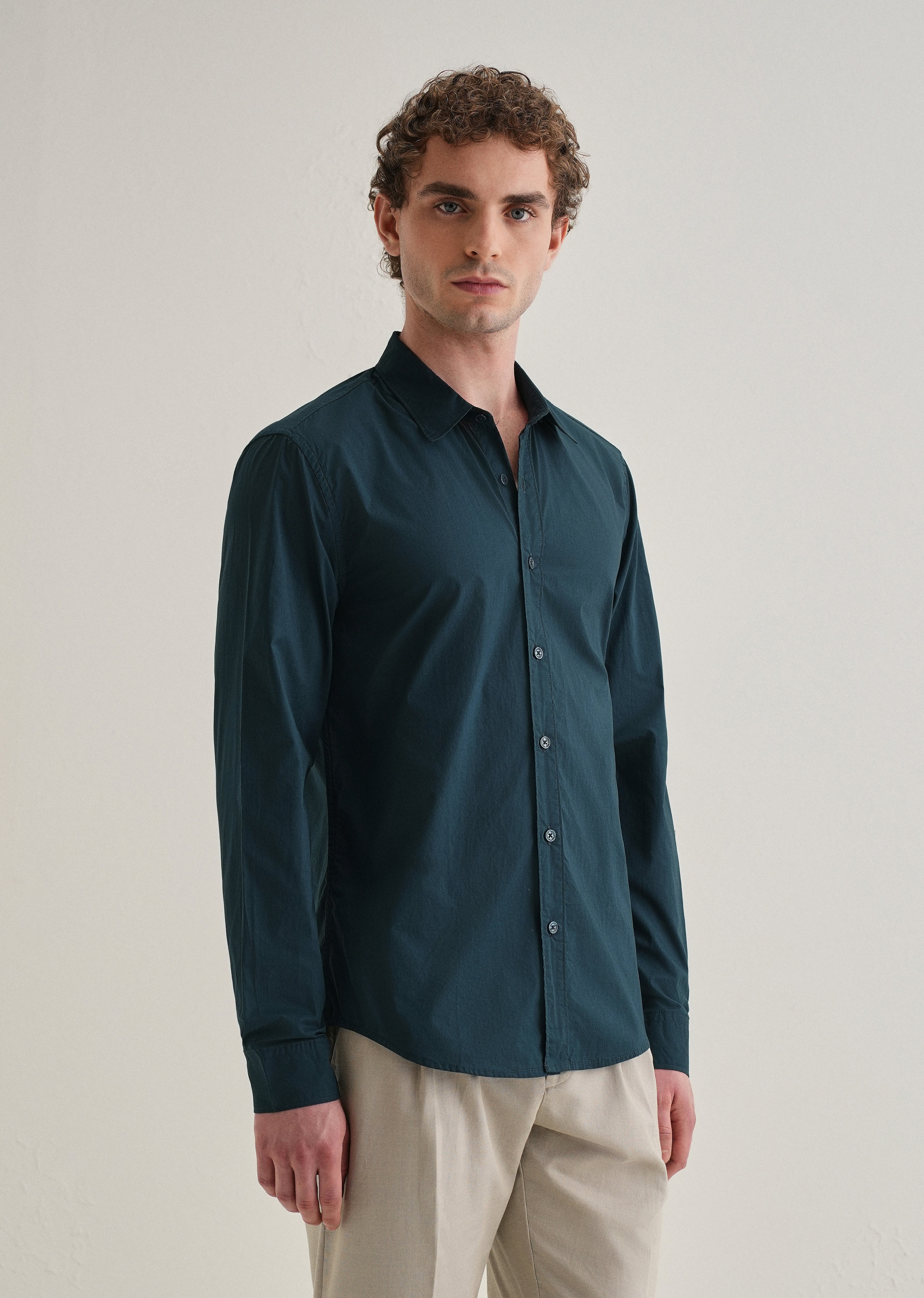 Dark Teal Blue Plain Cotton Shirt