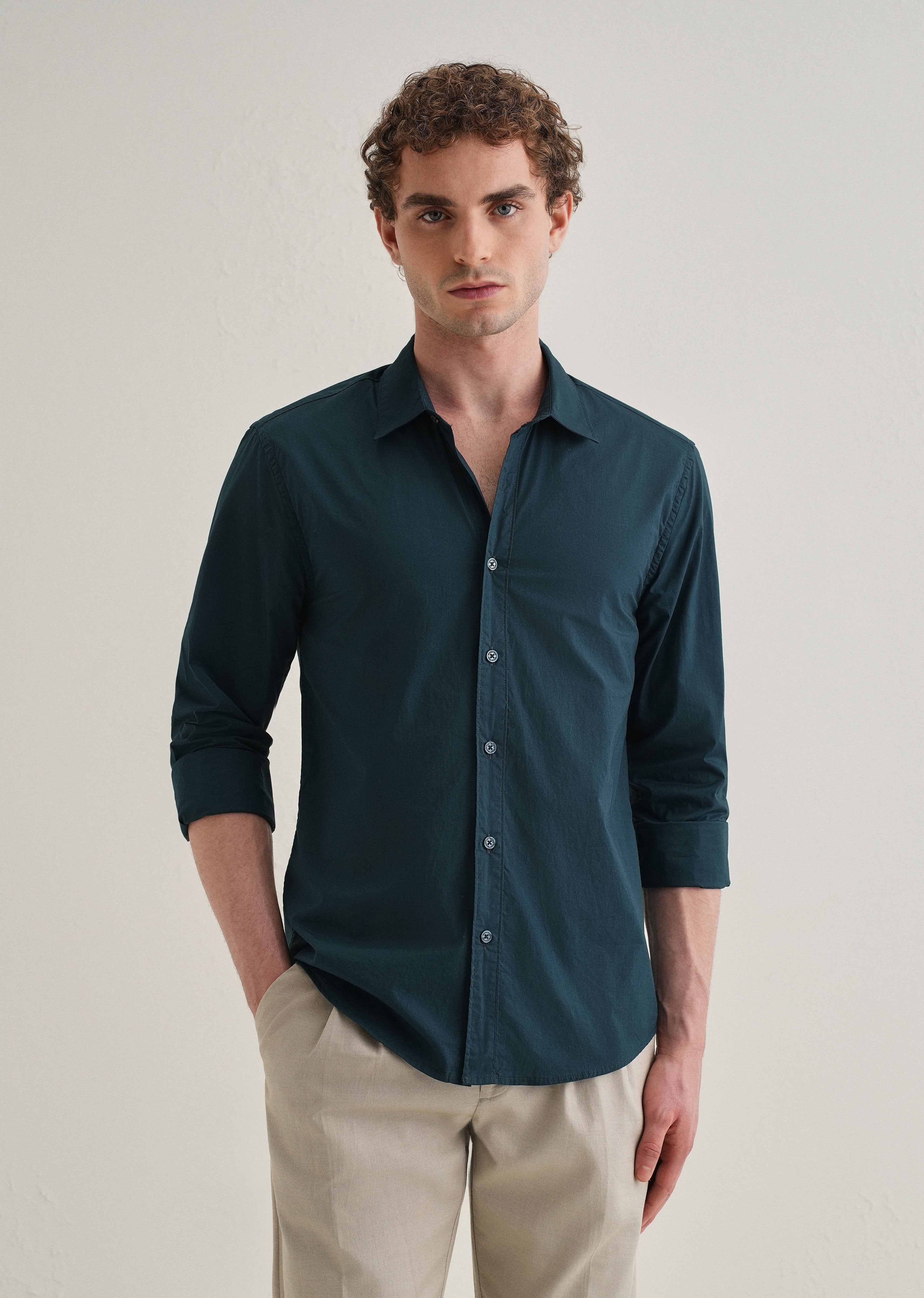 Dark Teal Blue Plain Cotton Shirt