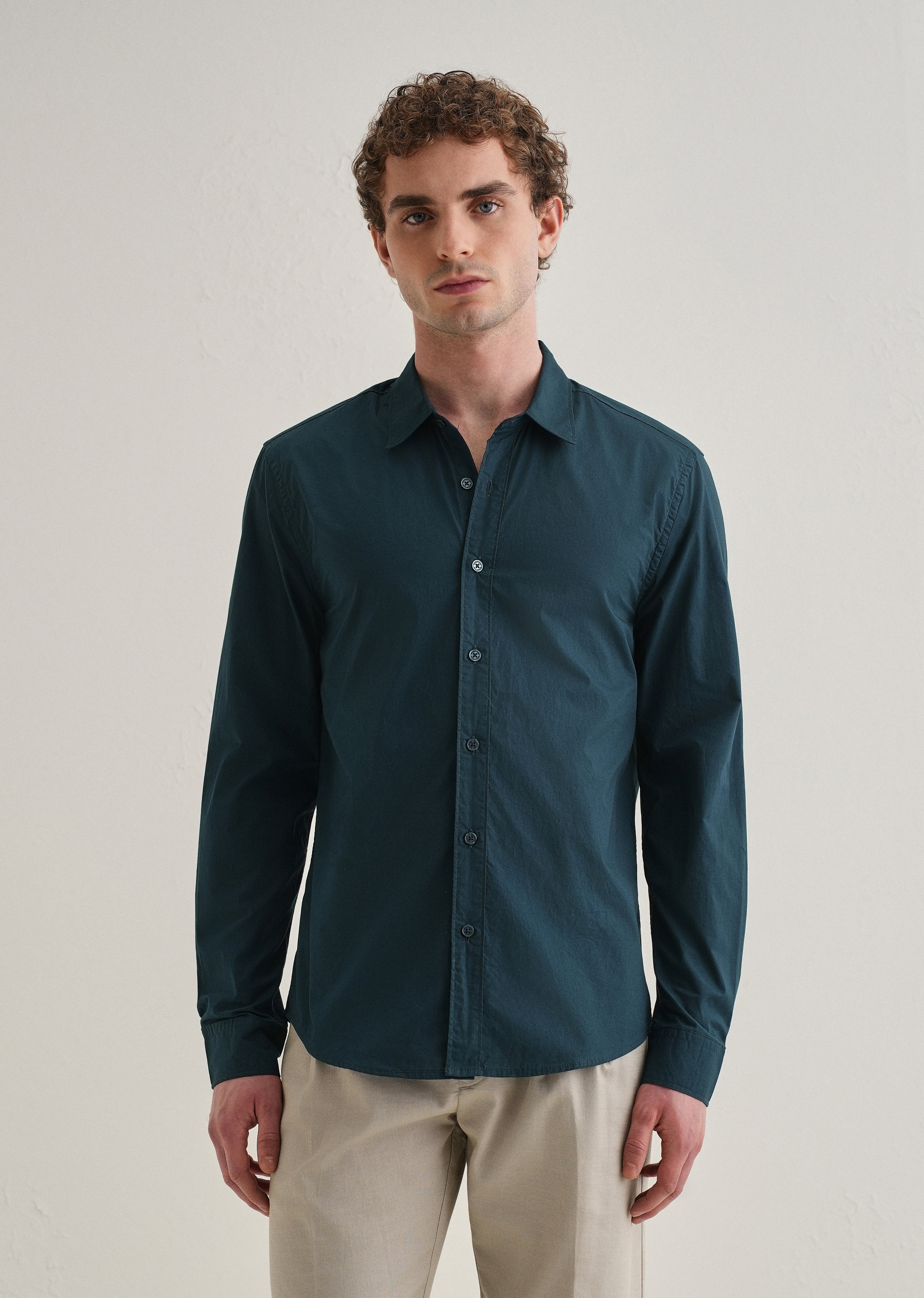 Dark Teal Blue Plain Cotton Shirt