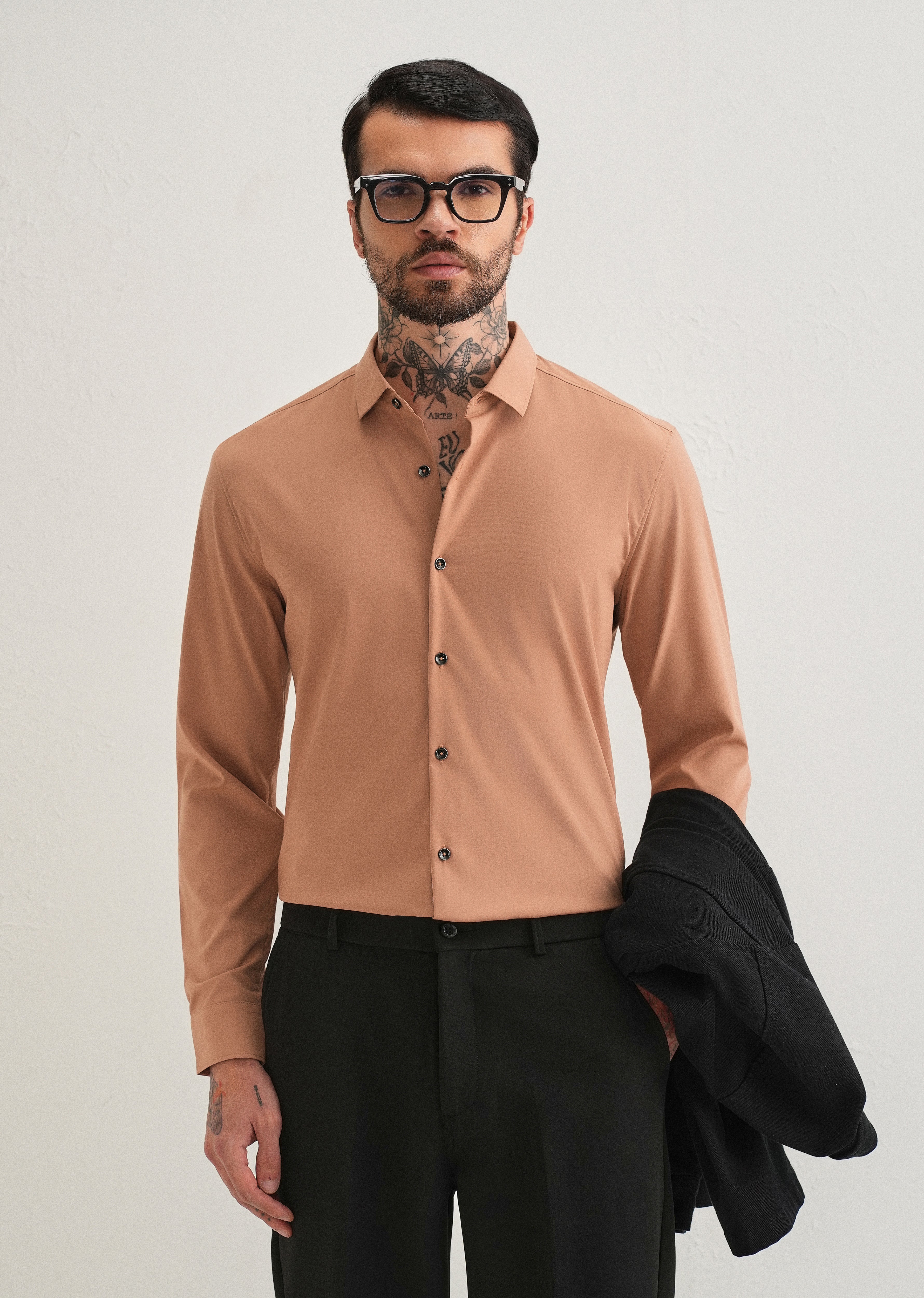 Dark Beige Plain Wrinkle Free Shirt