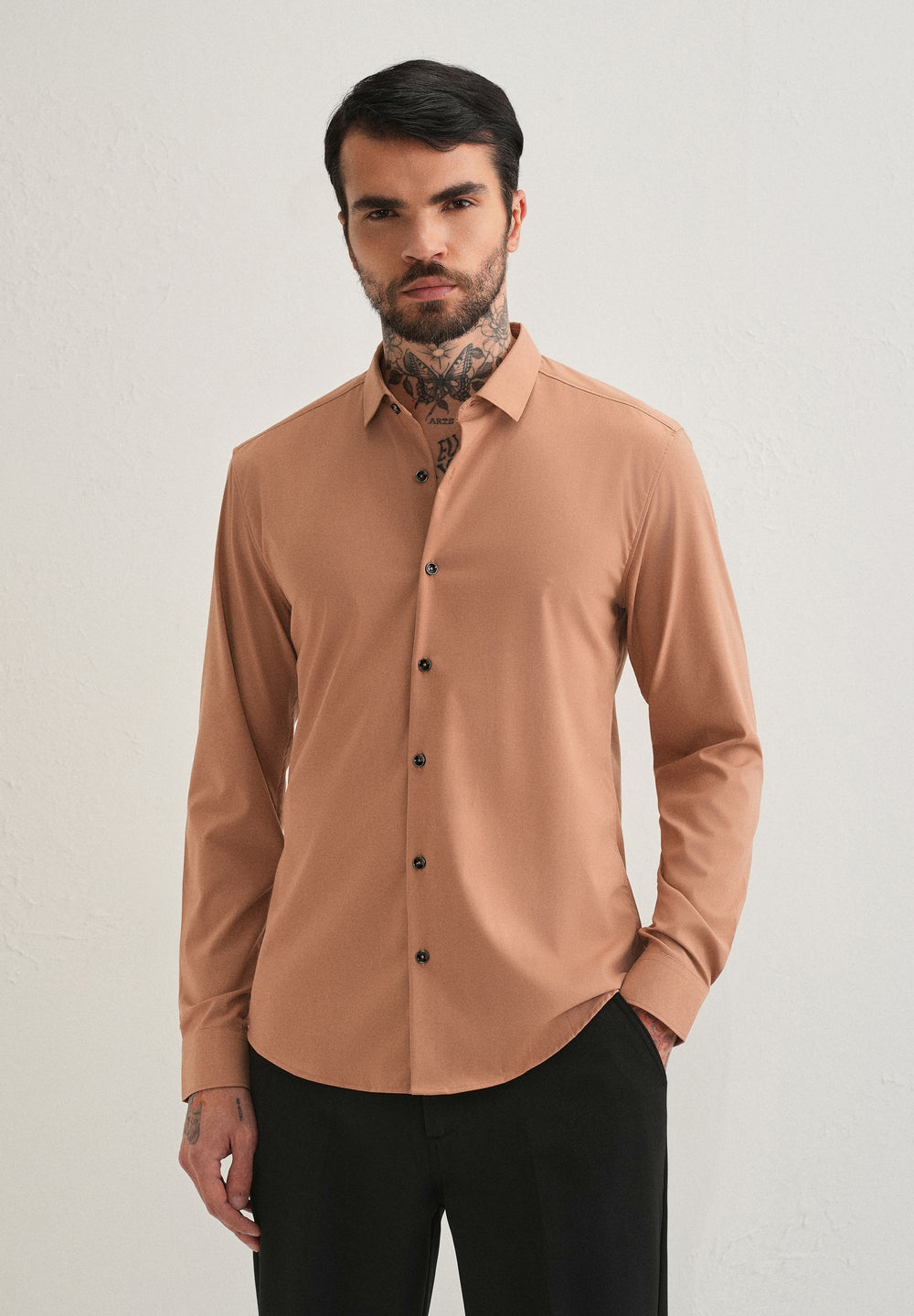 Dark Beige Plain Wrinkle Free Shirt