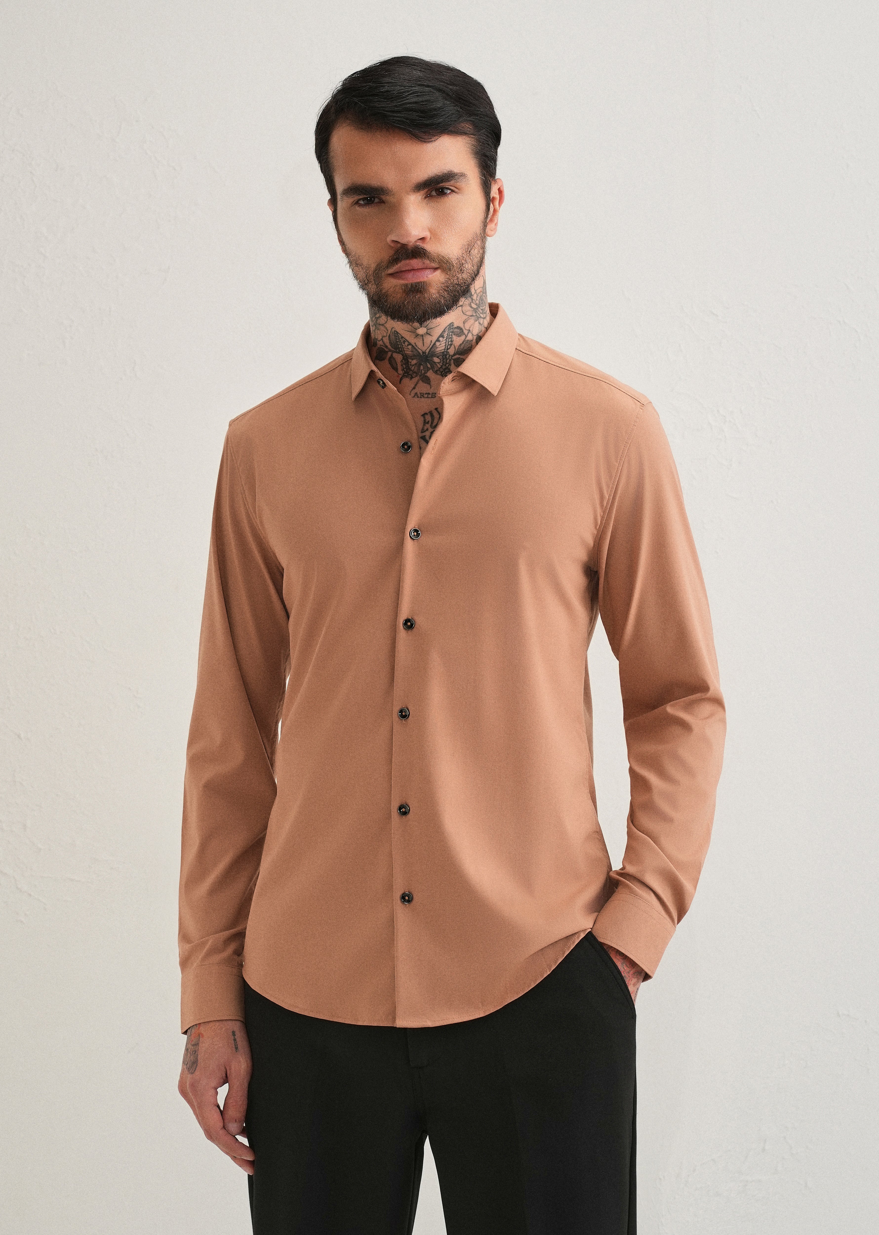Dark Beige Plain Wrinkle Free Shirt