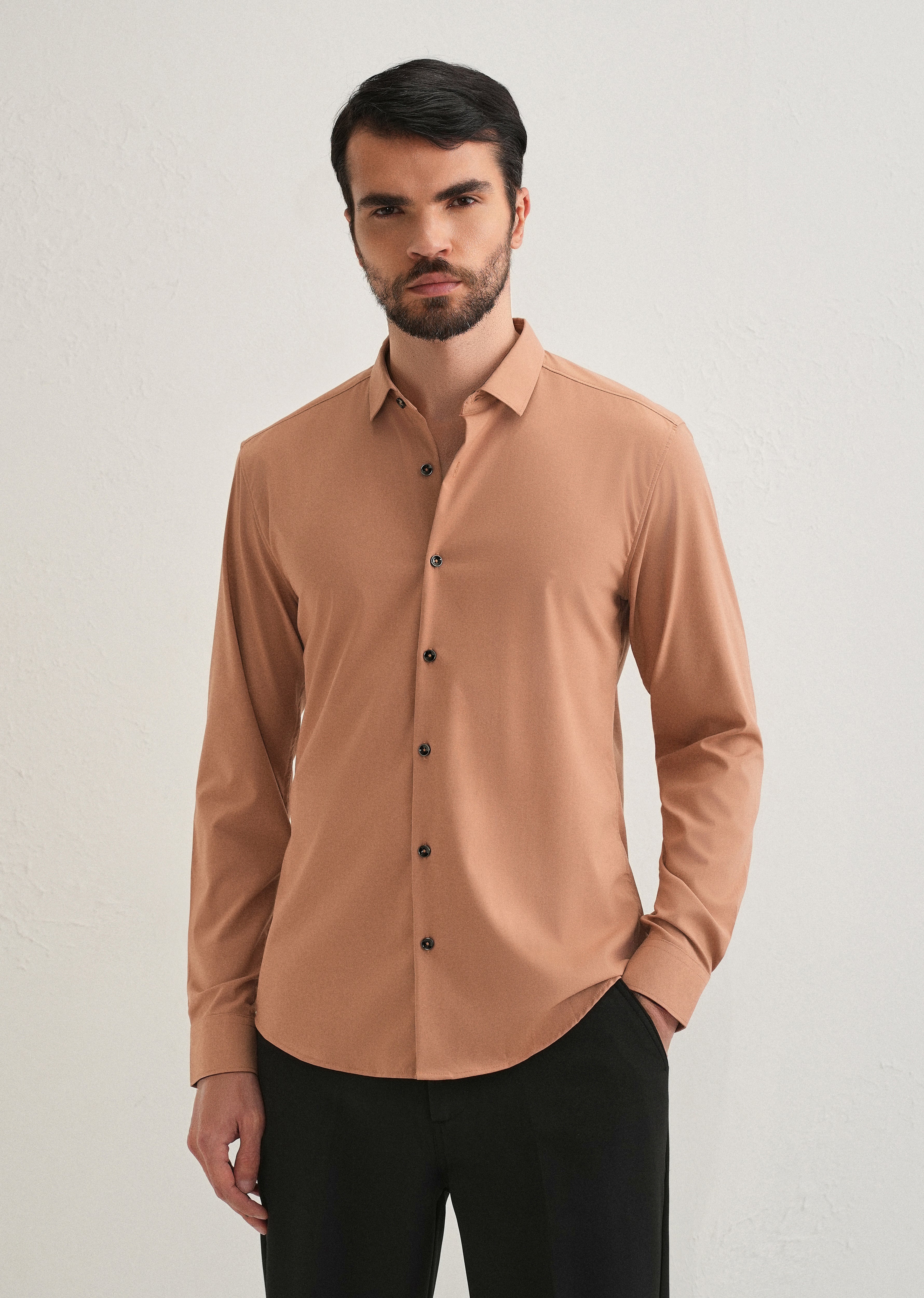 Dark Beige Plain Wrinkle Free Shirt