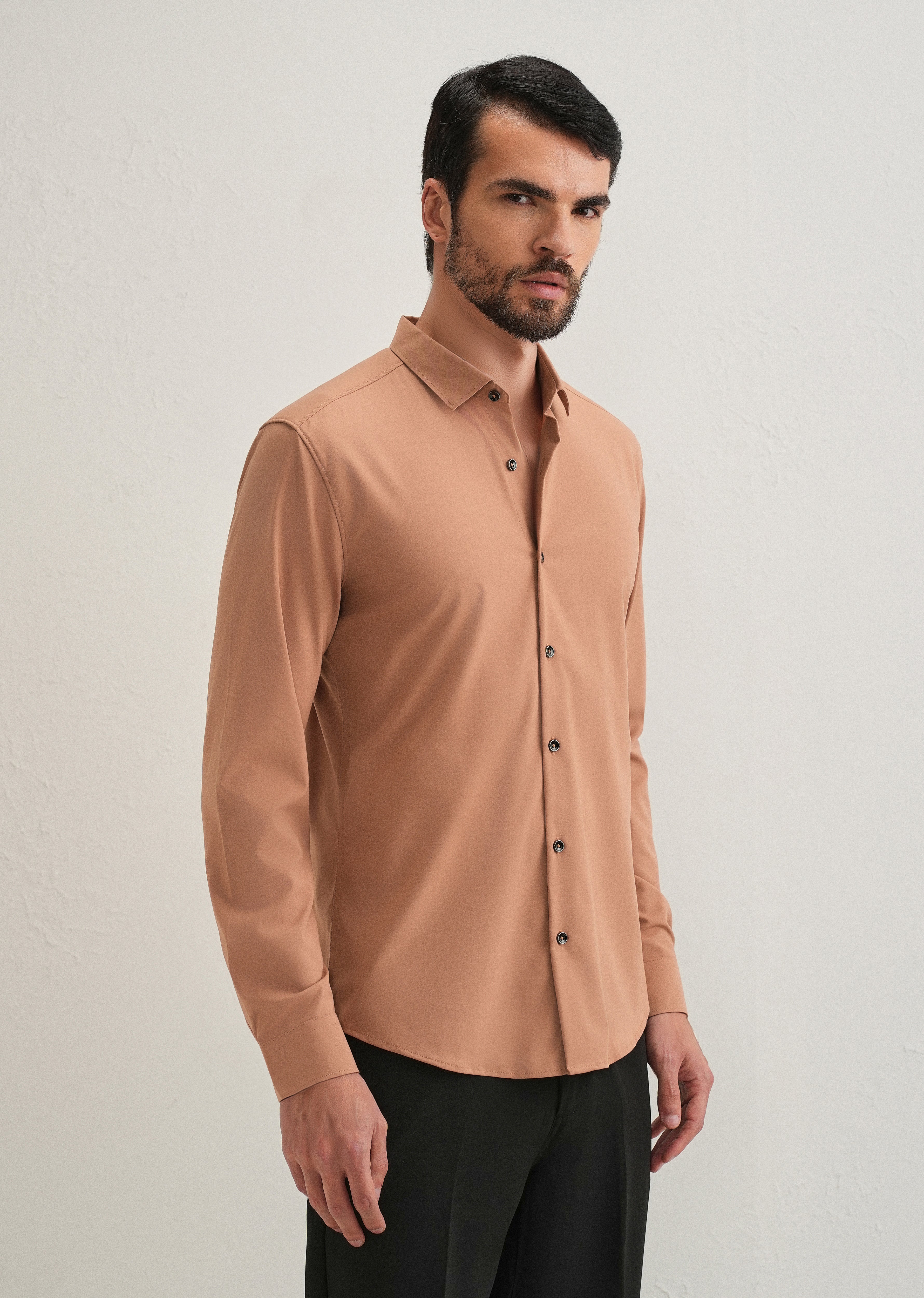 Dark Beige Plain Wrinkle Free Shirt