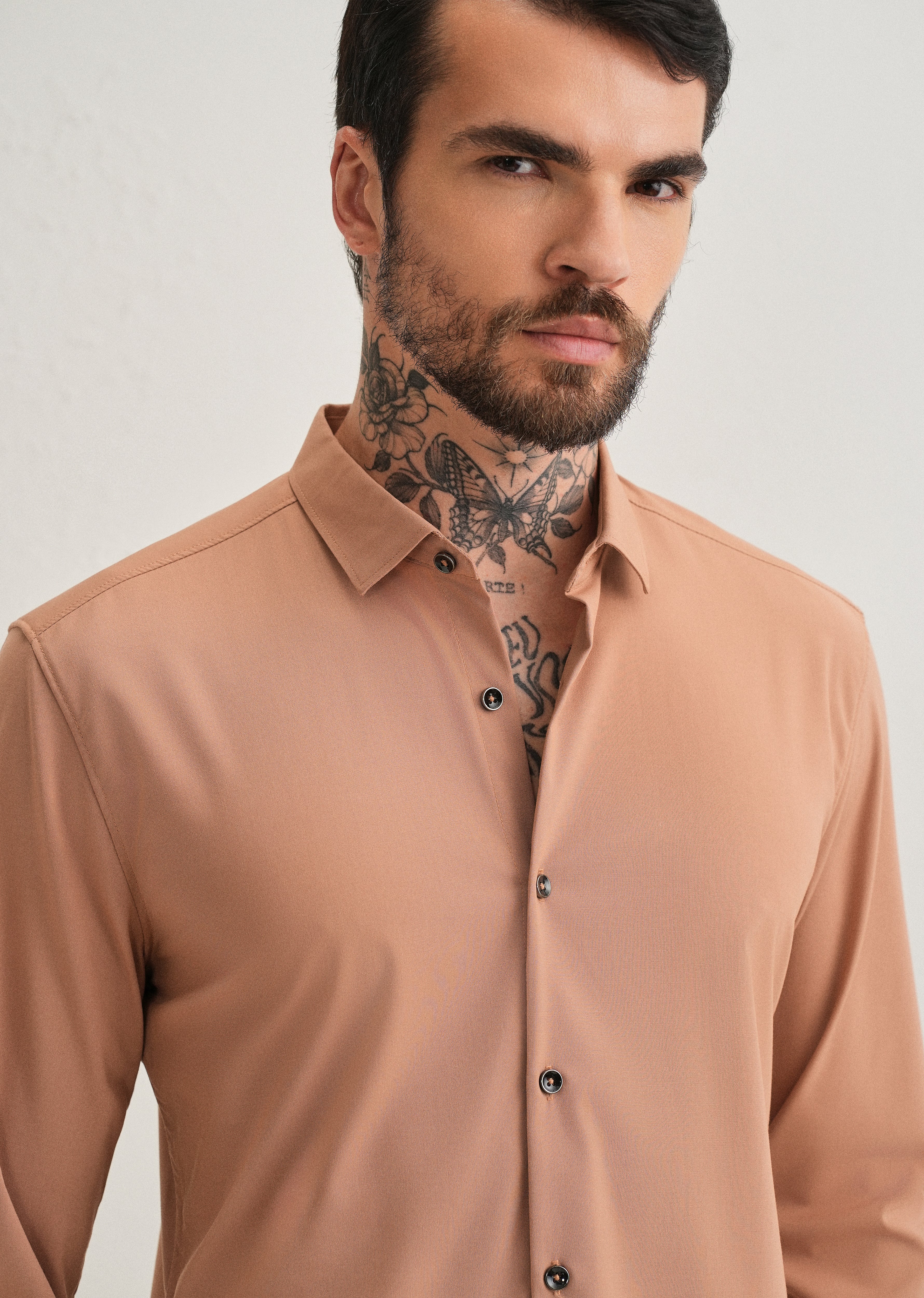 Dark Beige Plain Wrinkle Free Shirt