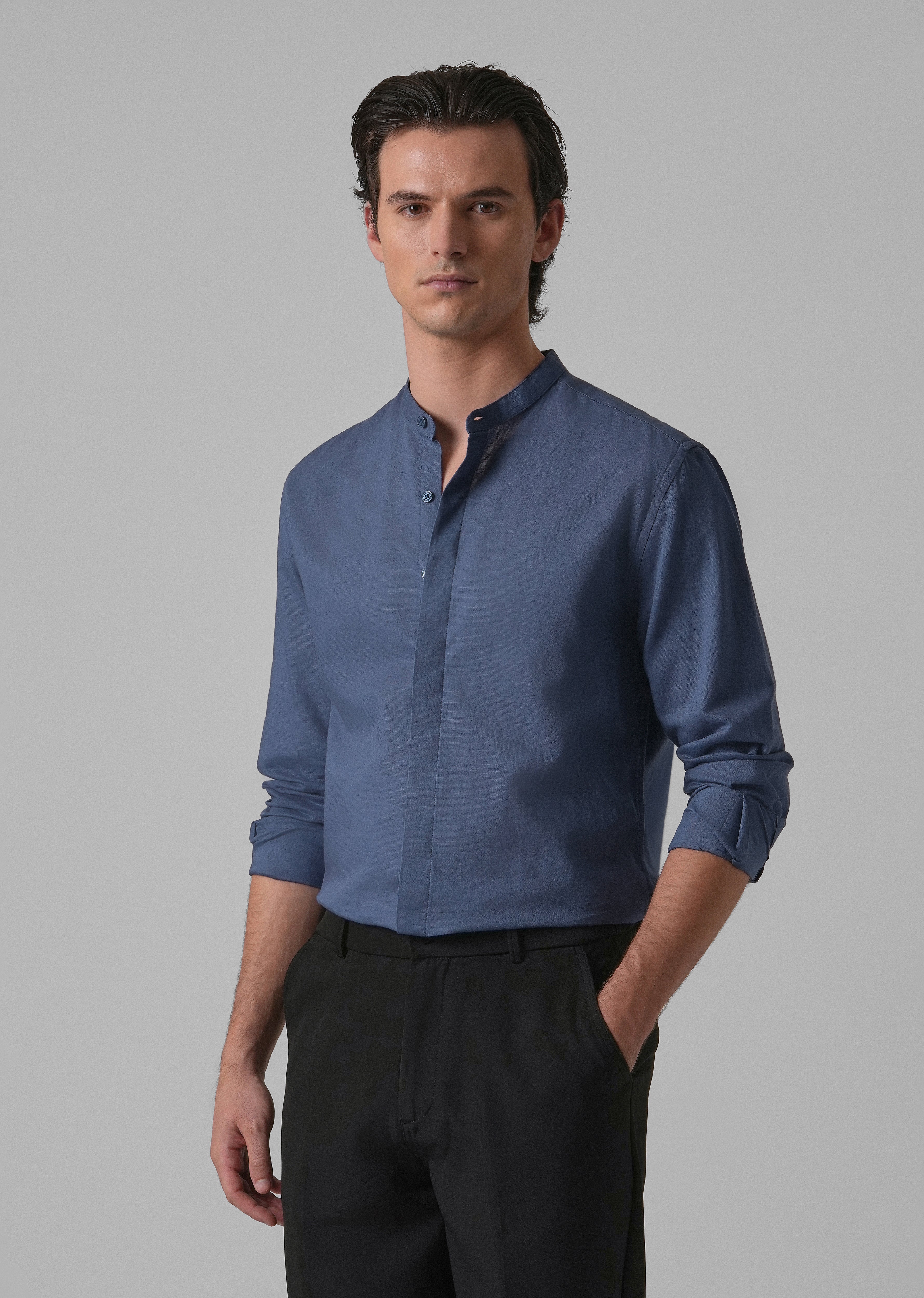 Dark Blue Cotton Linen Shirt