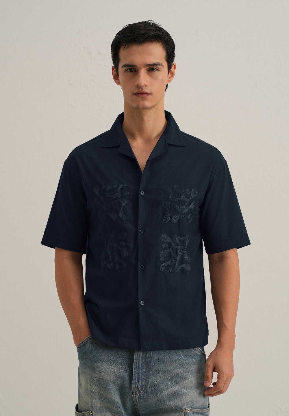 Dark Blue Embroidery Cuban Collar Cotton Shirt