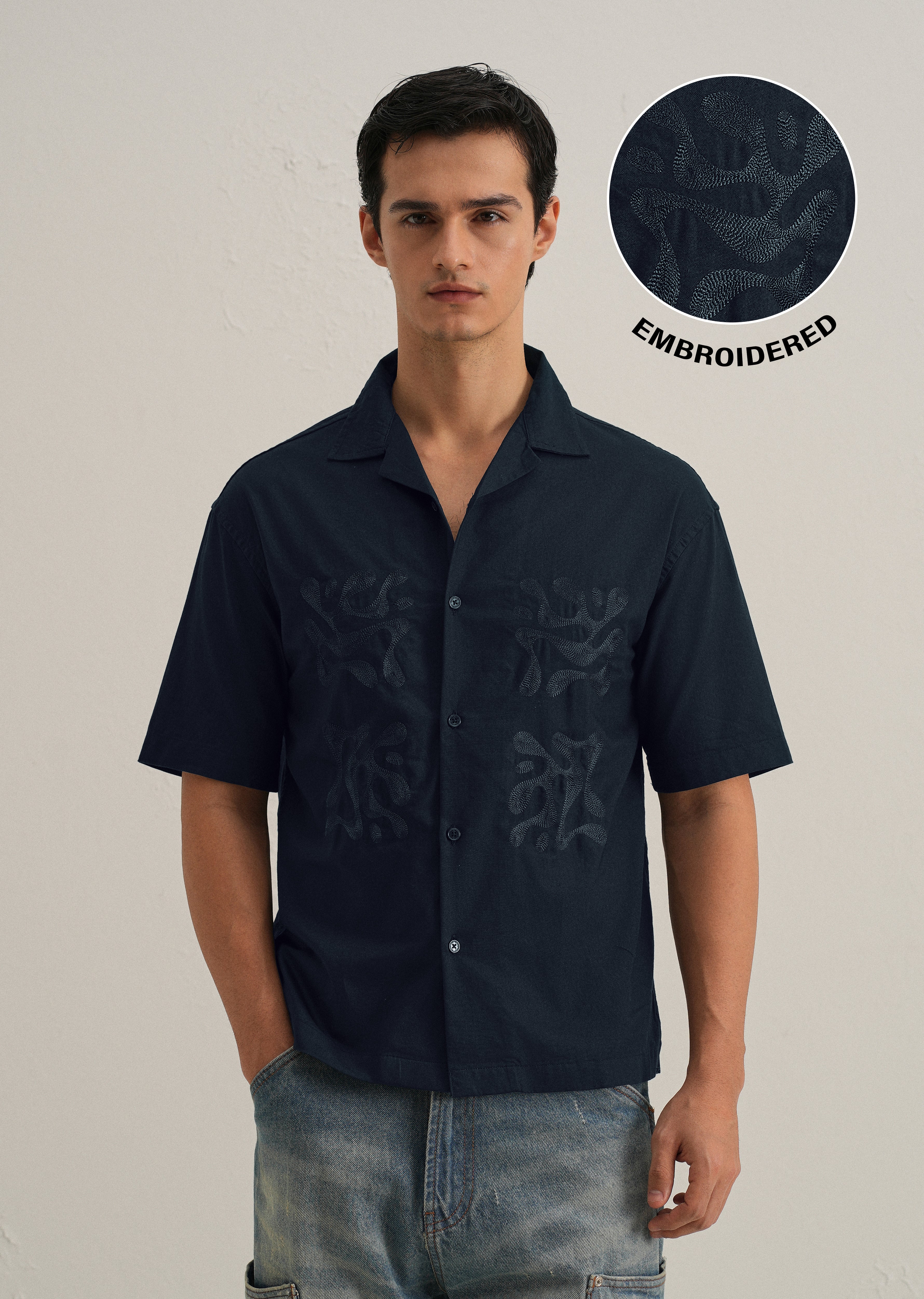 Dark Blue Embroidery Cuban Collar Cotton Shirt