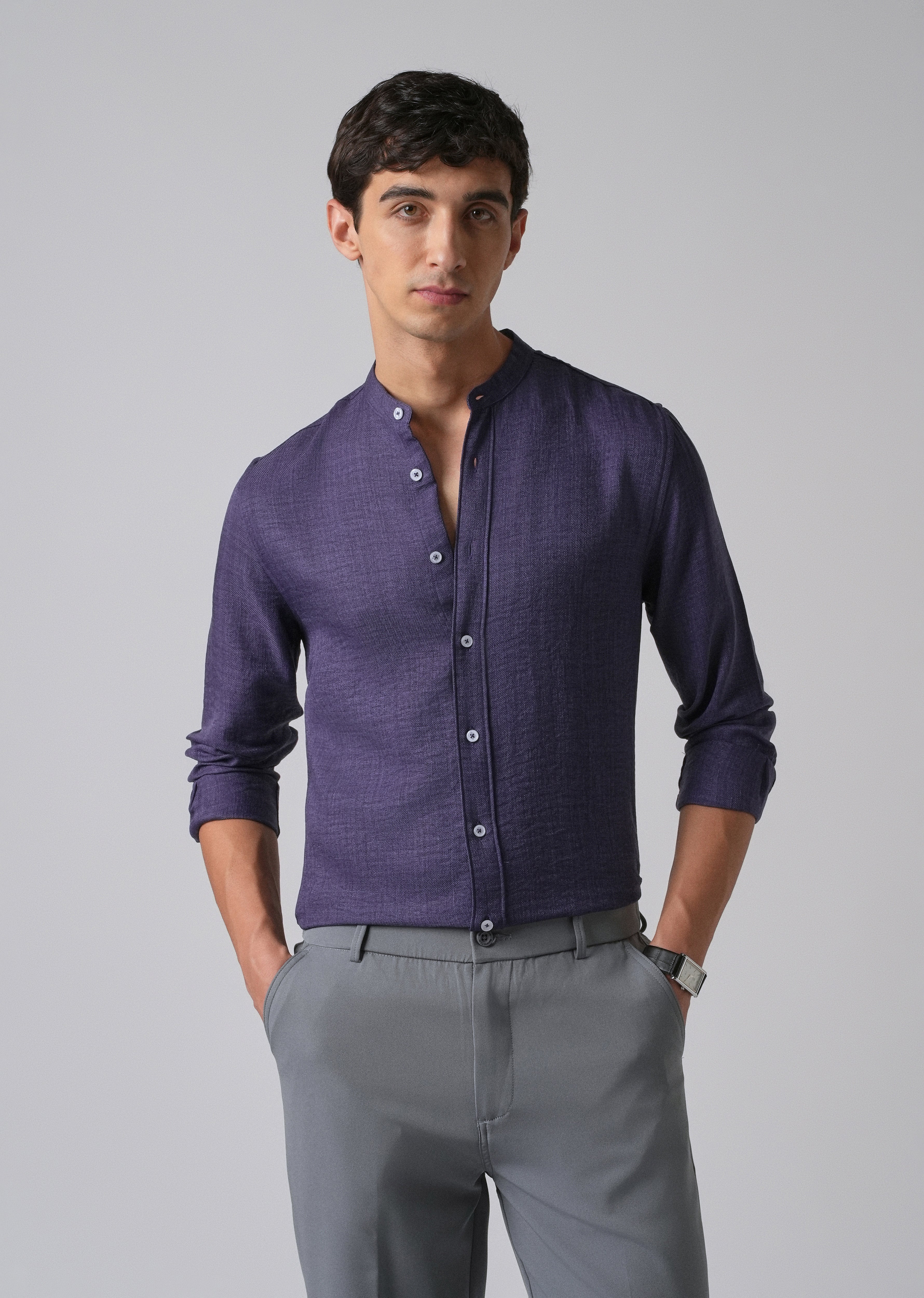 Dark Blue Plain Mandarin Collar Shirt