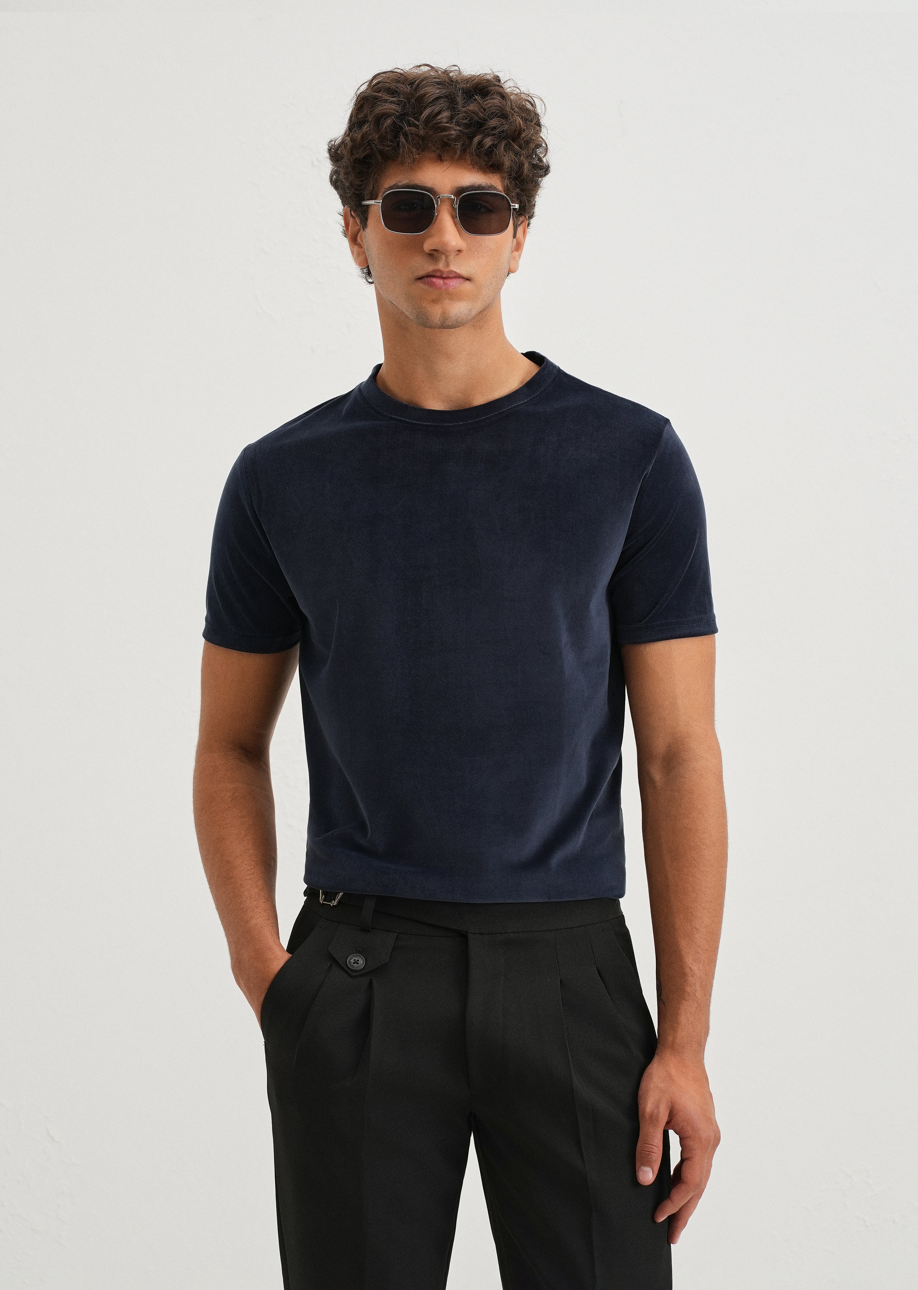 Dark Blue Plain Suede T-shirt