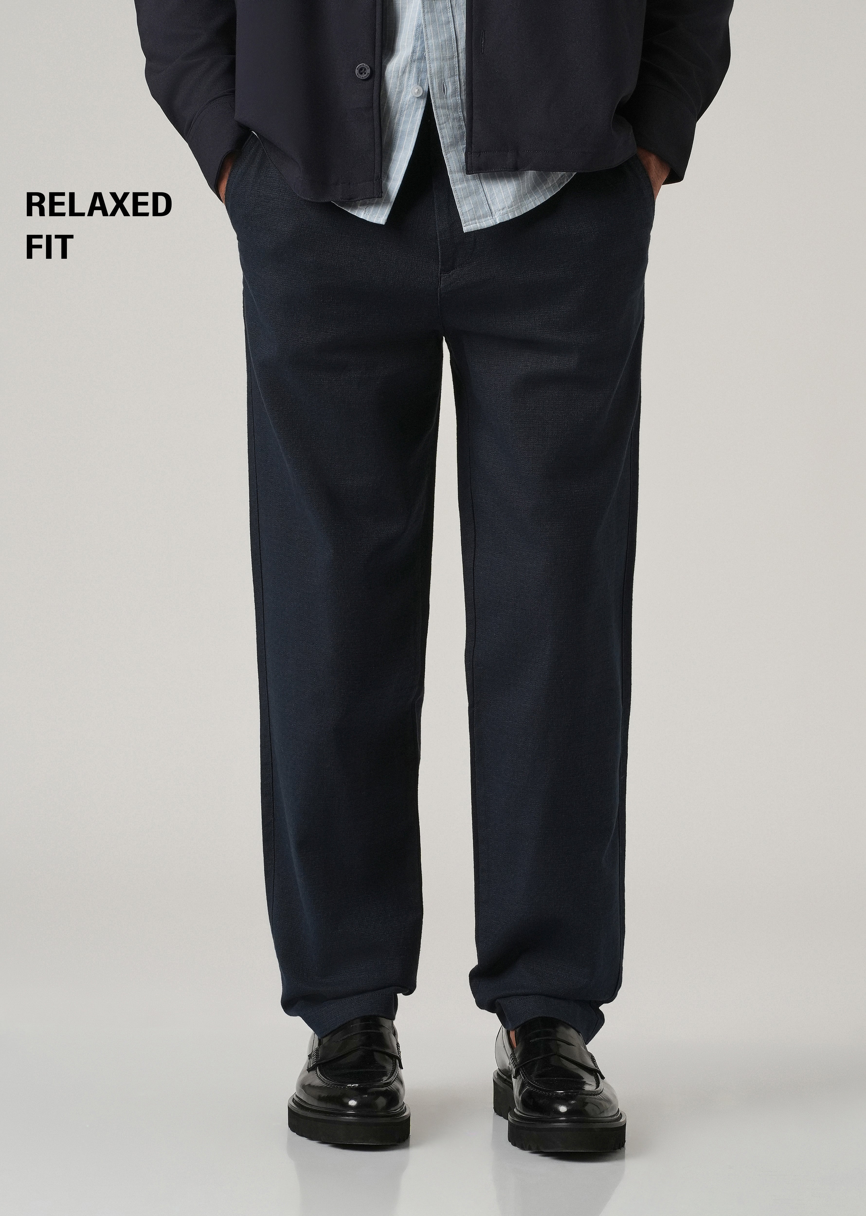 Dark Blue Linen-Look Cotton Trousers
