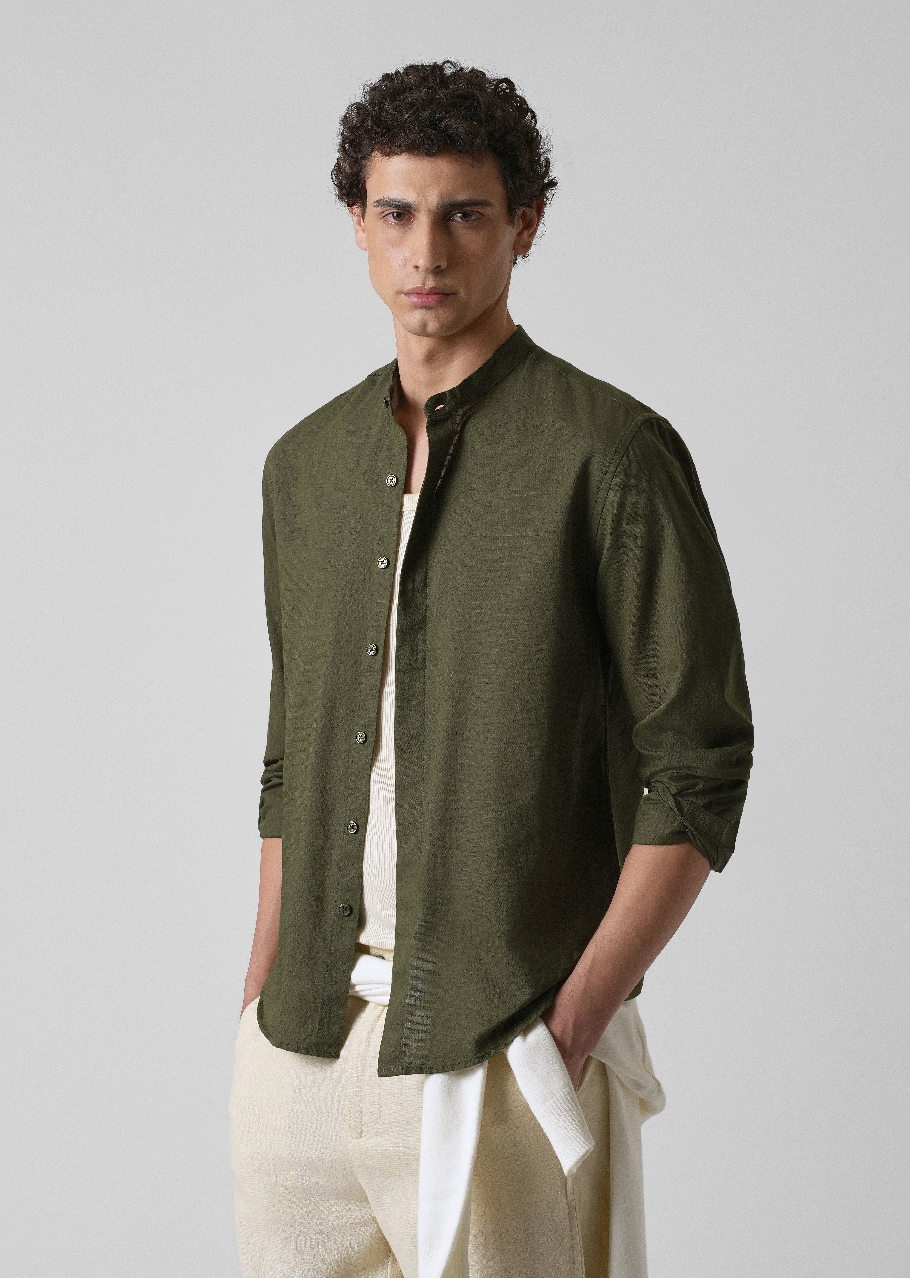 Dark Green Cotton Linen Shirt