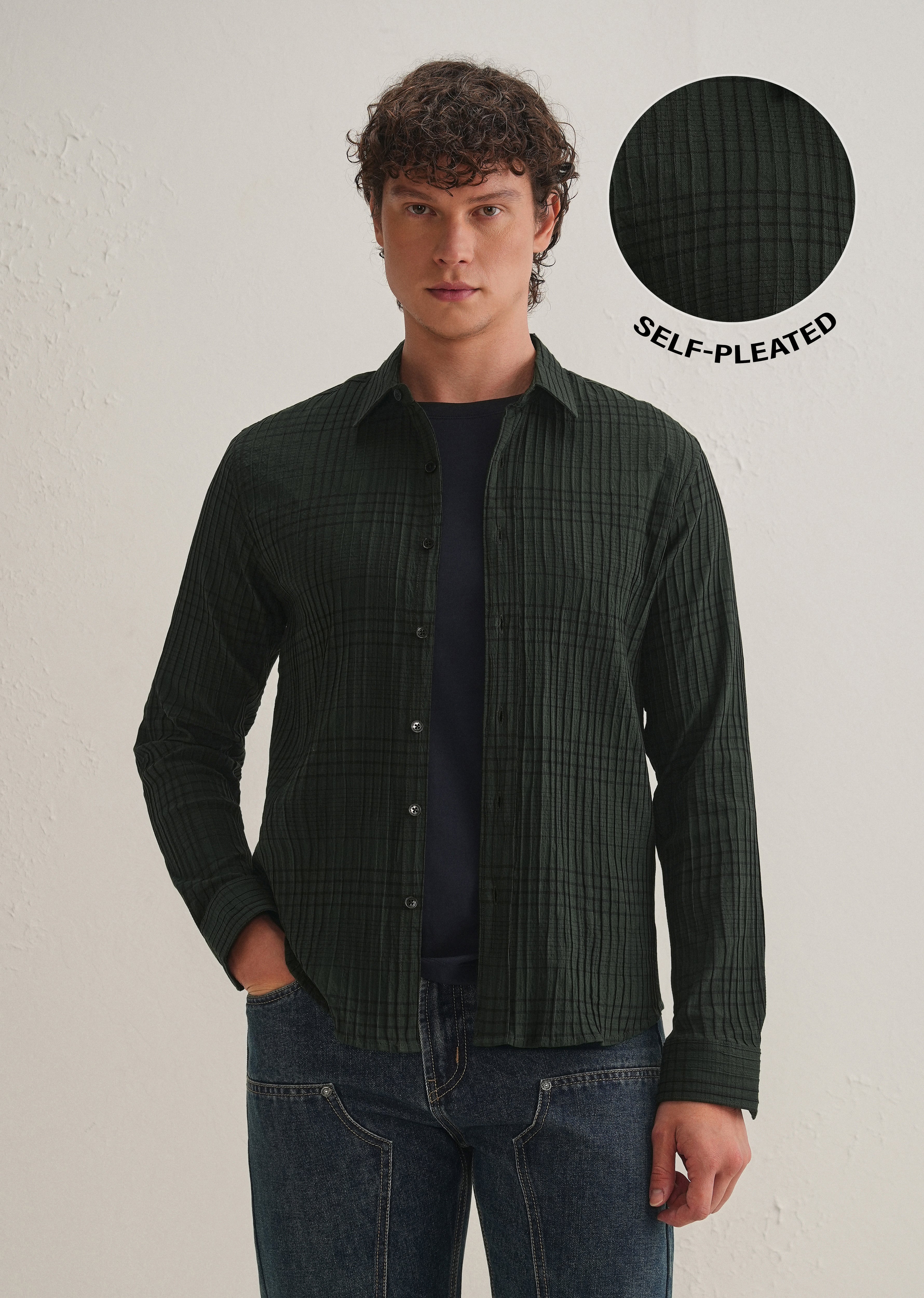 Dark Green Self-Pleated Check Shirt