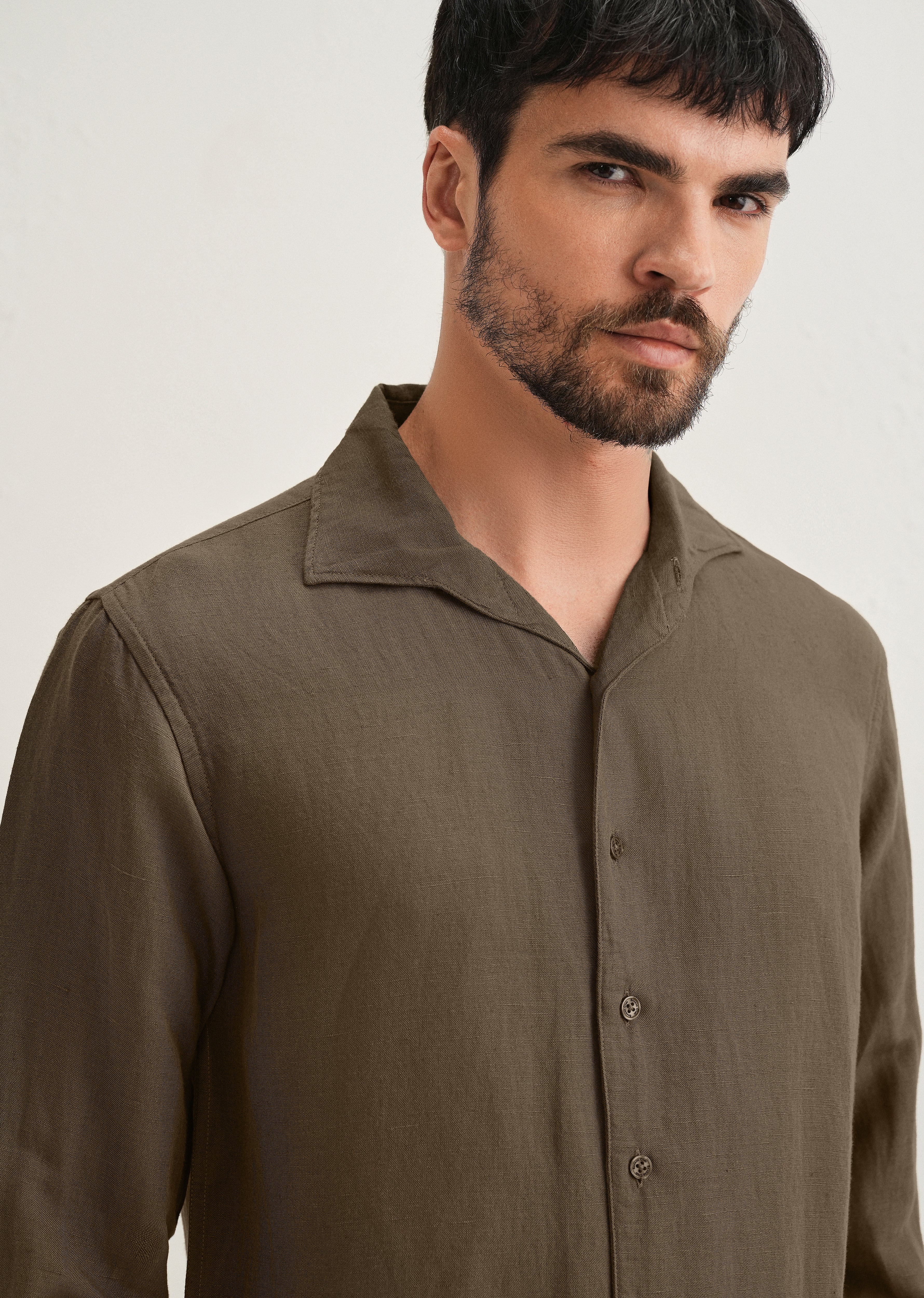 Dark Khaki Plain Linen Viscose Shirt