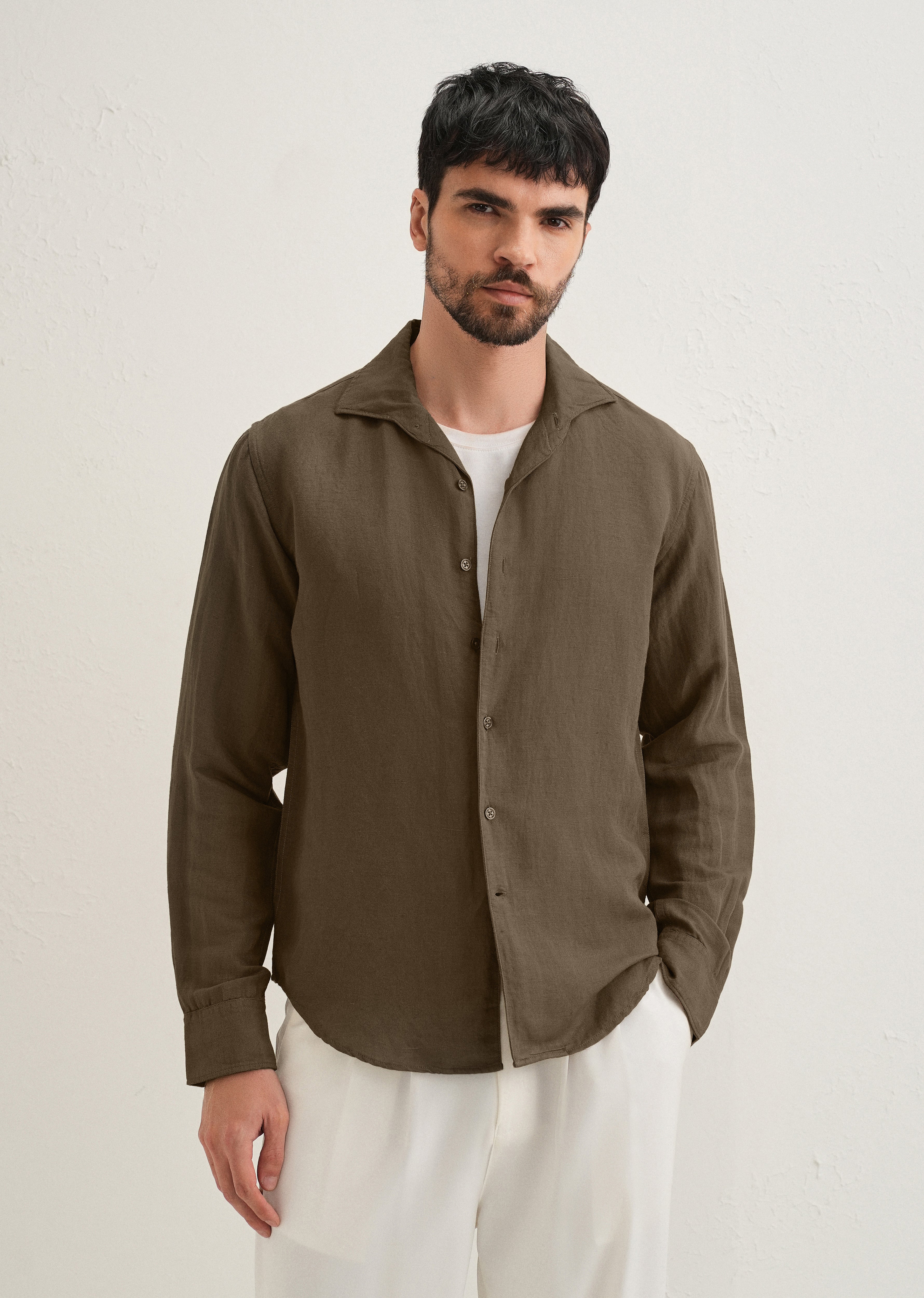 Dark Khaki Plain Linen Viscose Shirt