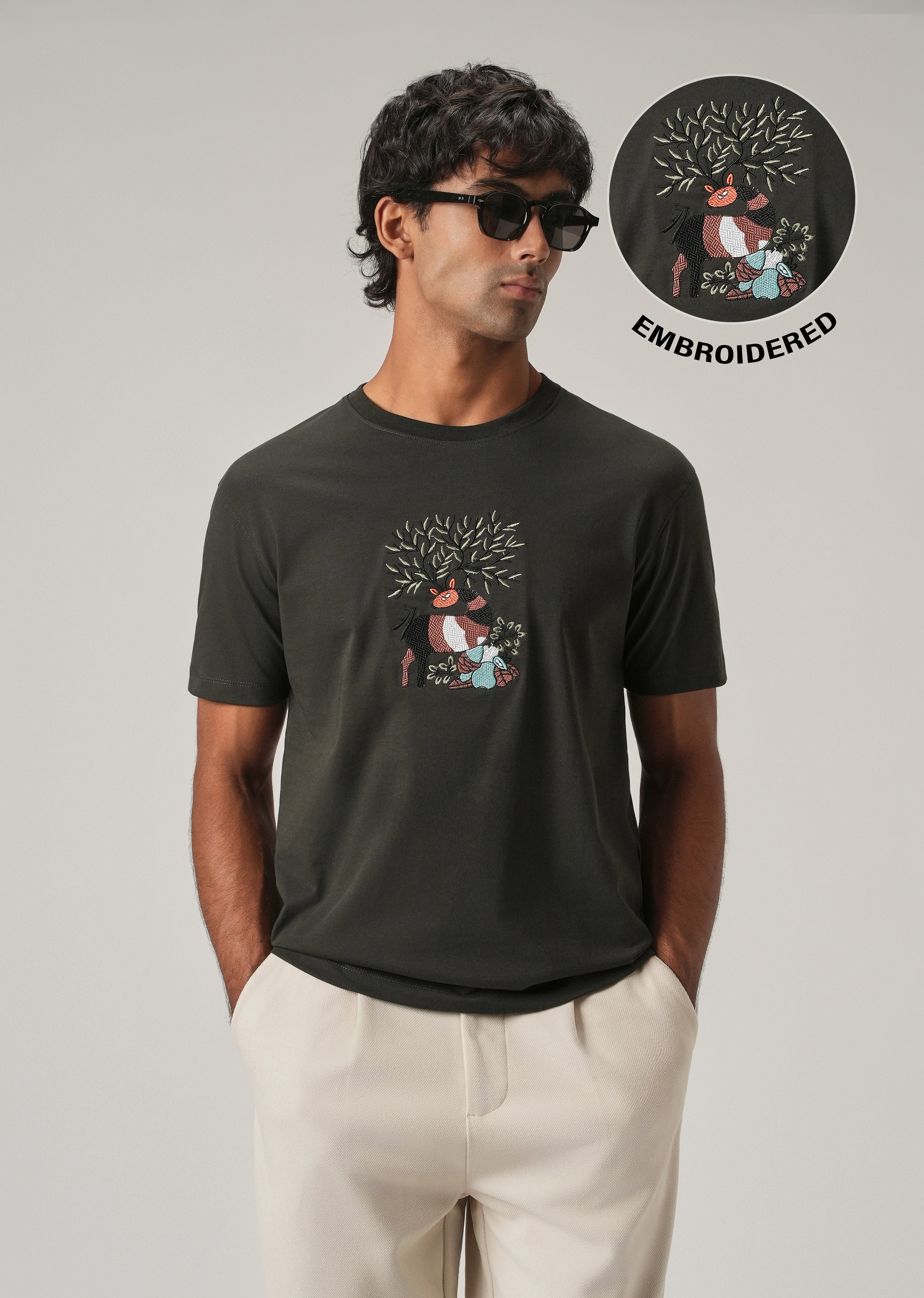 Dark Olive Chest Embroidered Slim Fit T-Shirt
