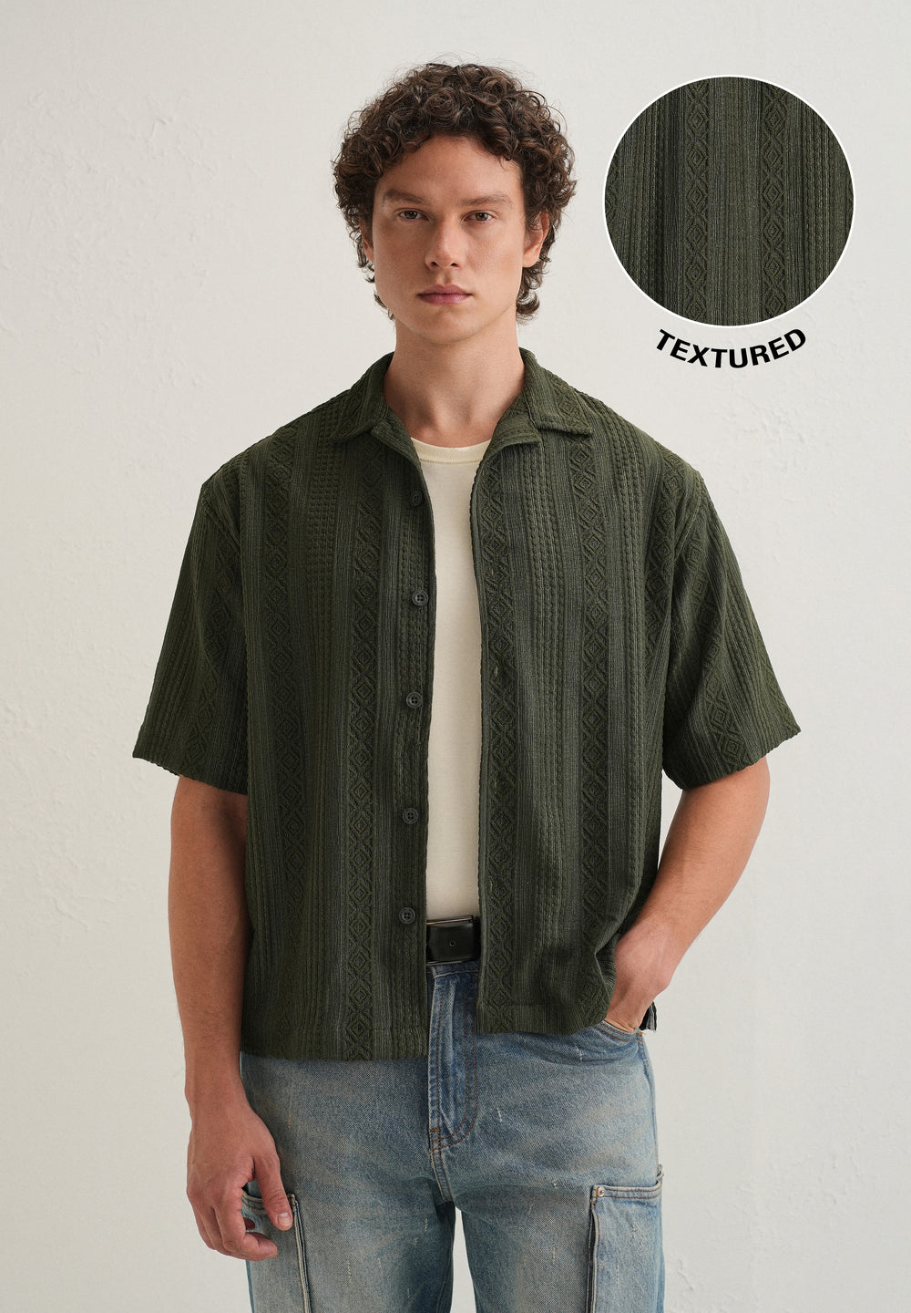 Dark Olive Green Geometric Textured Shirt