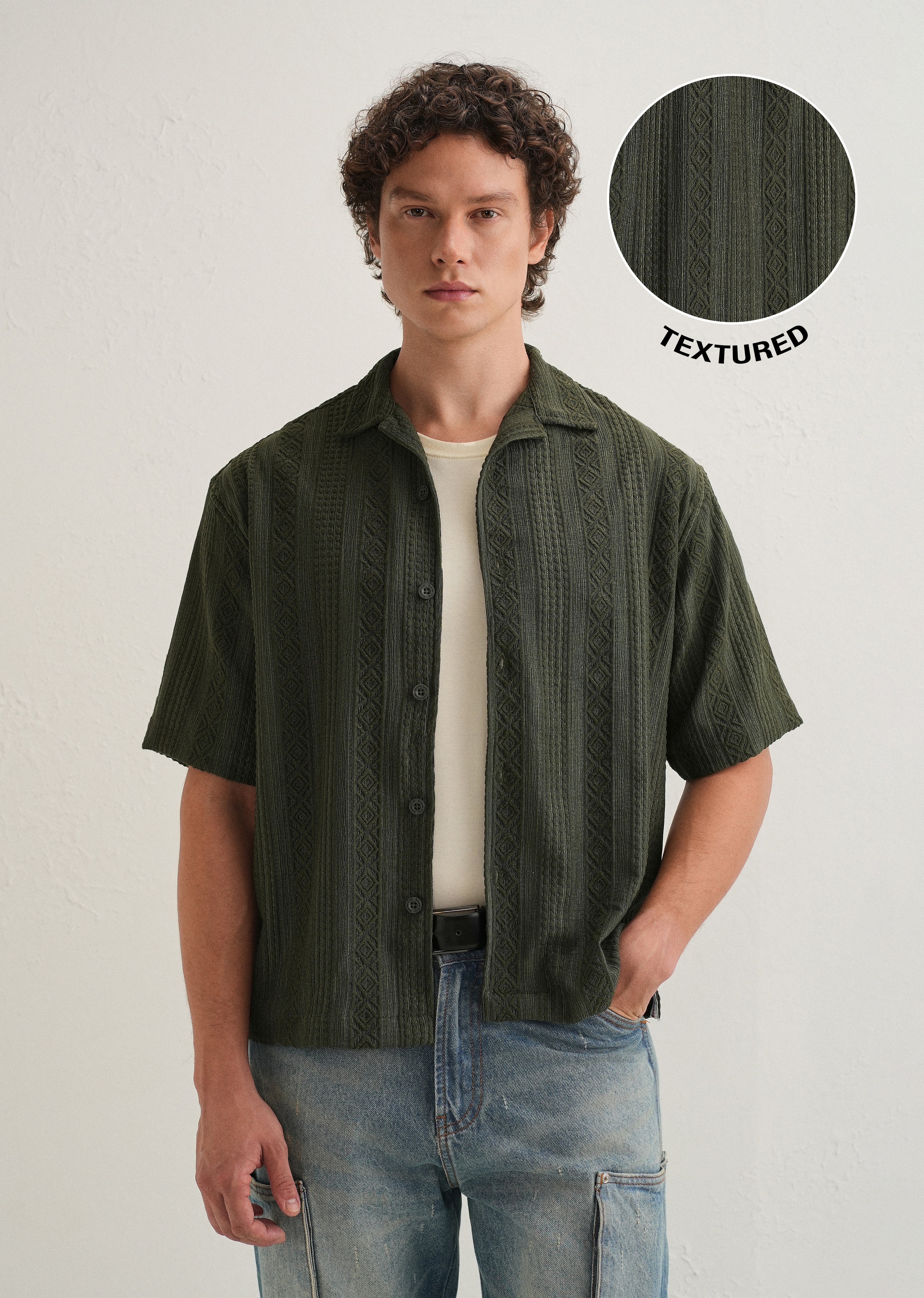 Dark Olive Green Geometric Textured Shirt