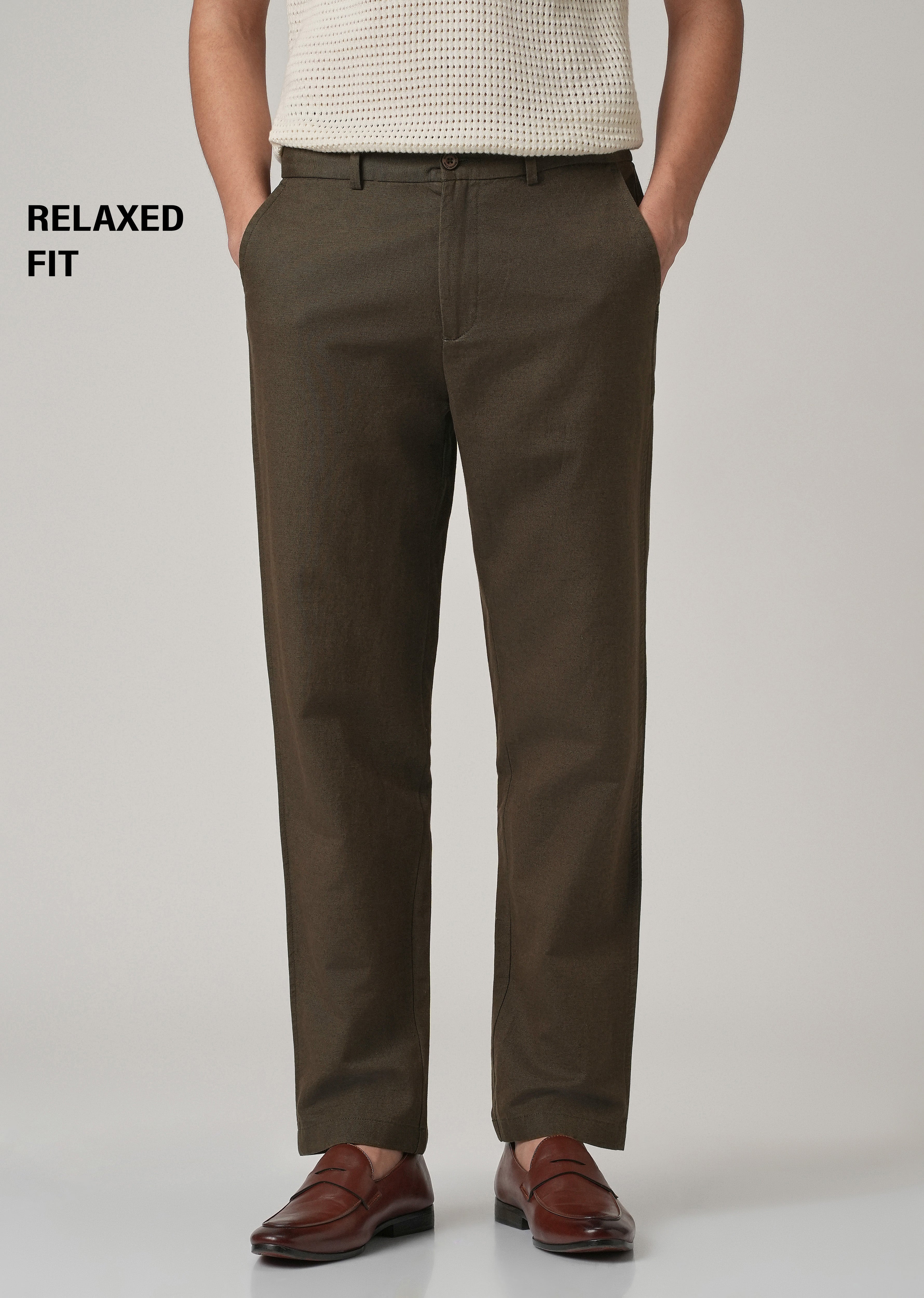 Dark Olive Linen Relaxed Fit Trouser