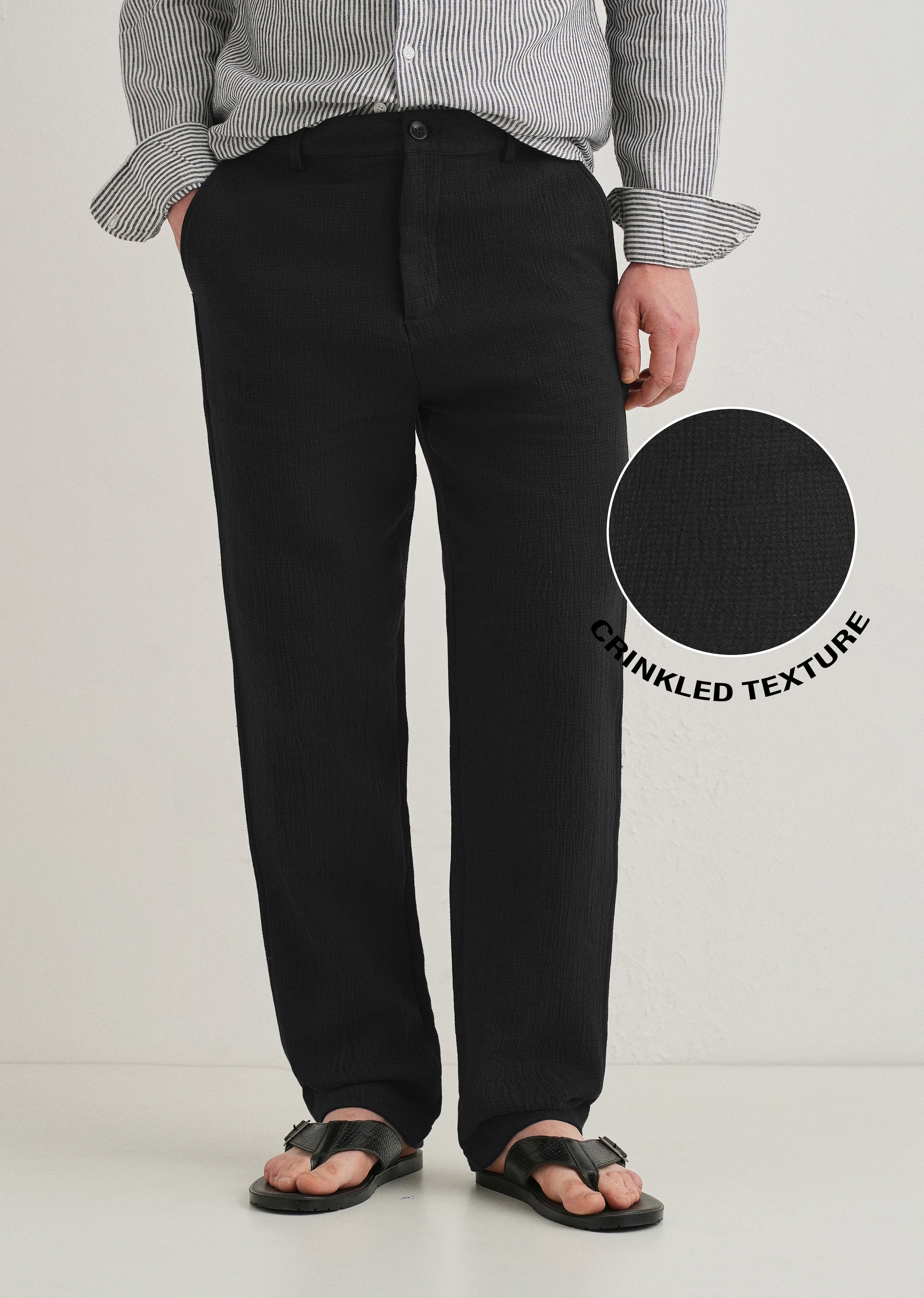 Deep Black Crinkled Cotton Trouser