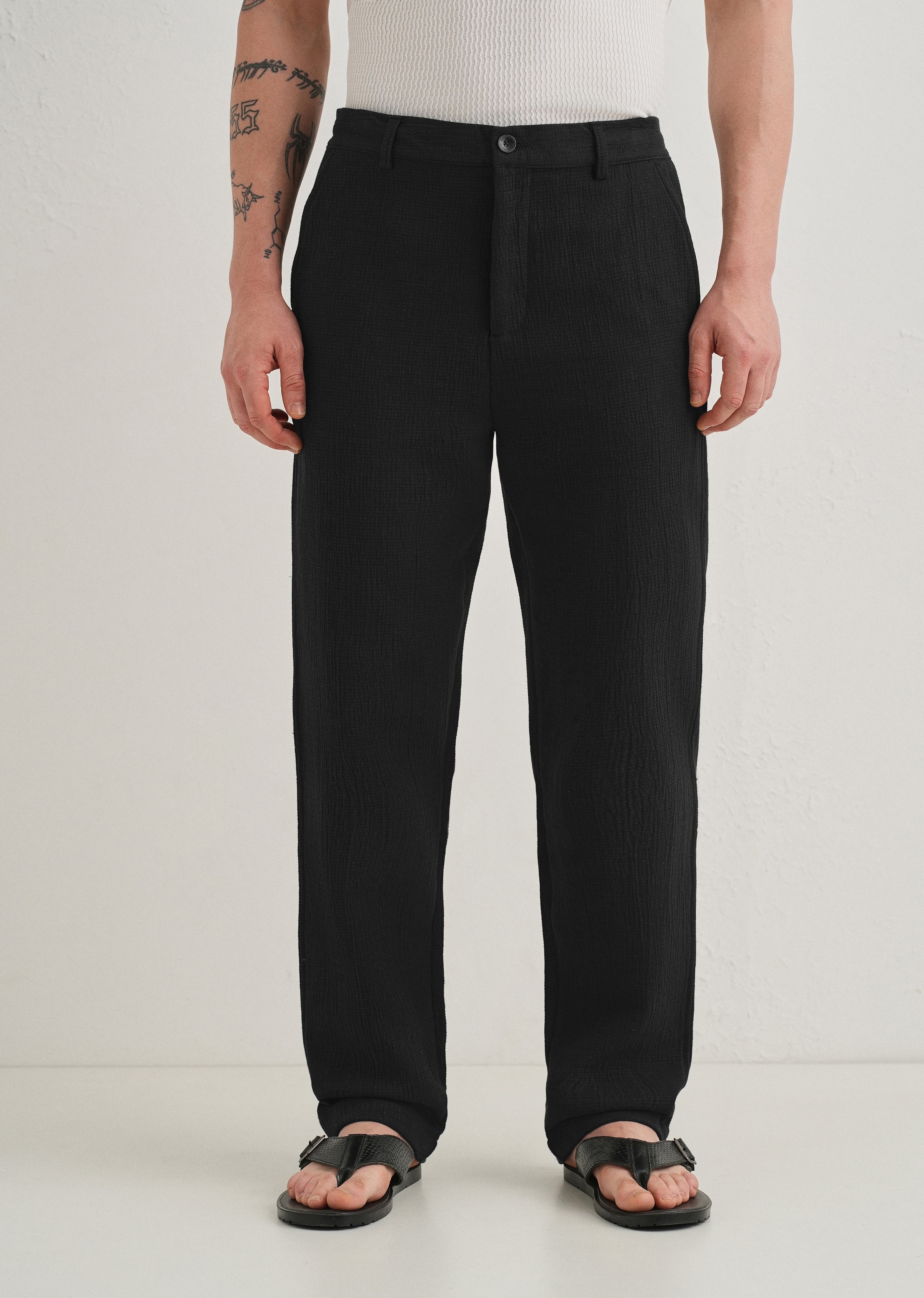 Deep Black Crinkled Cotton Trouser