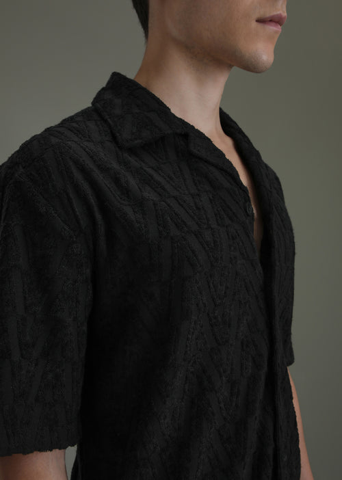 Deep Black Jacquard Towelling Camp Shirt