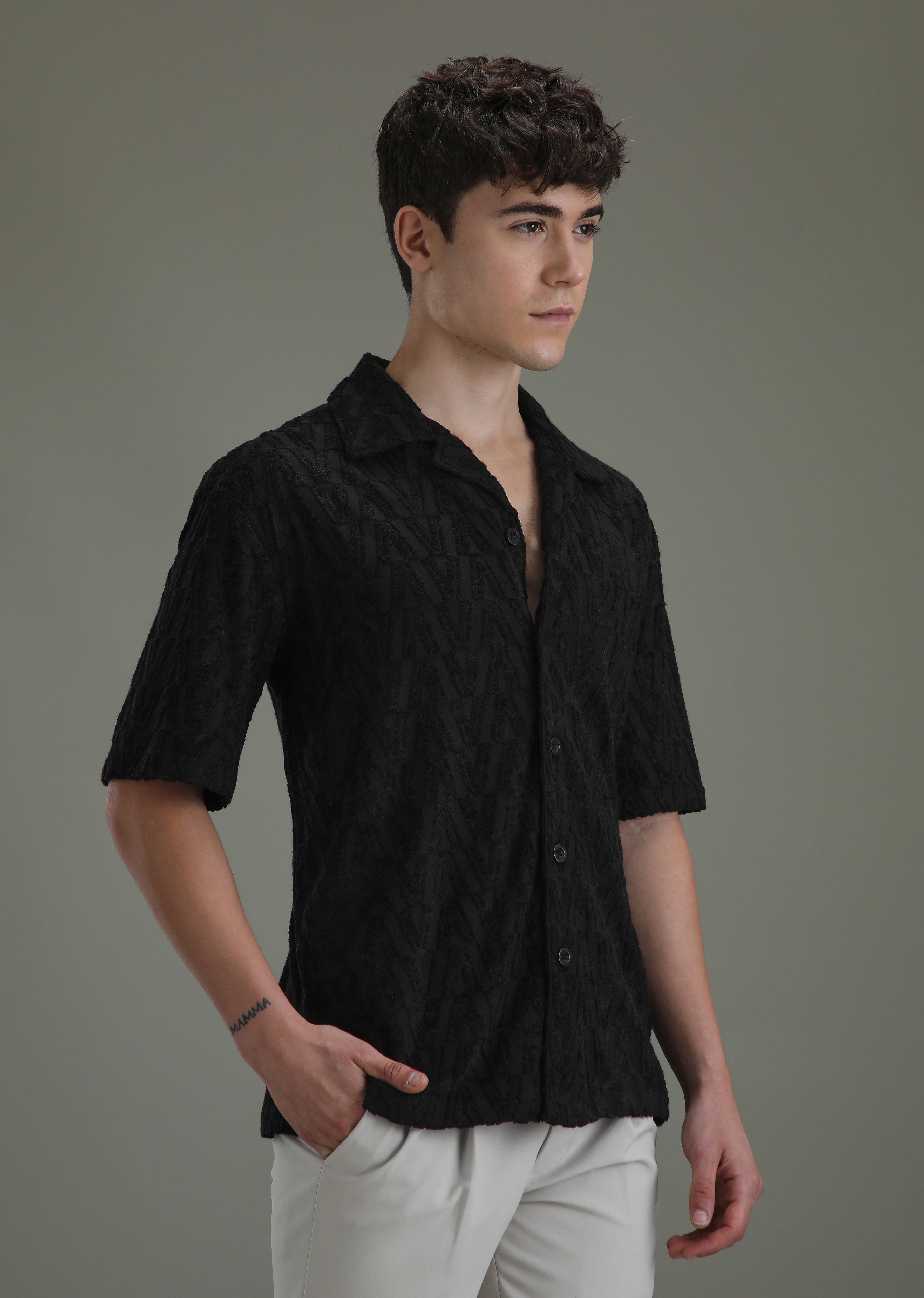 Deep Black Jacquard Towelling Camp Shirt