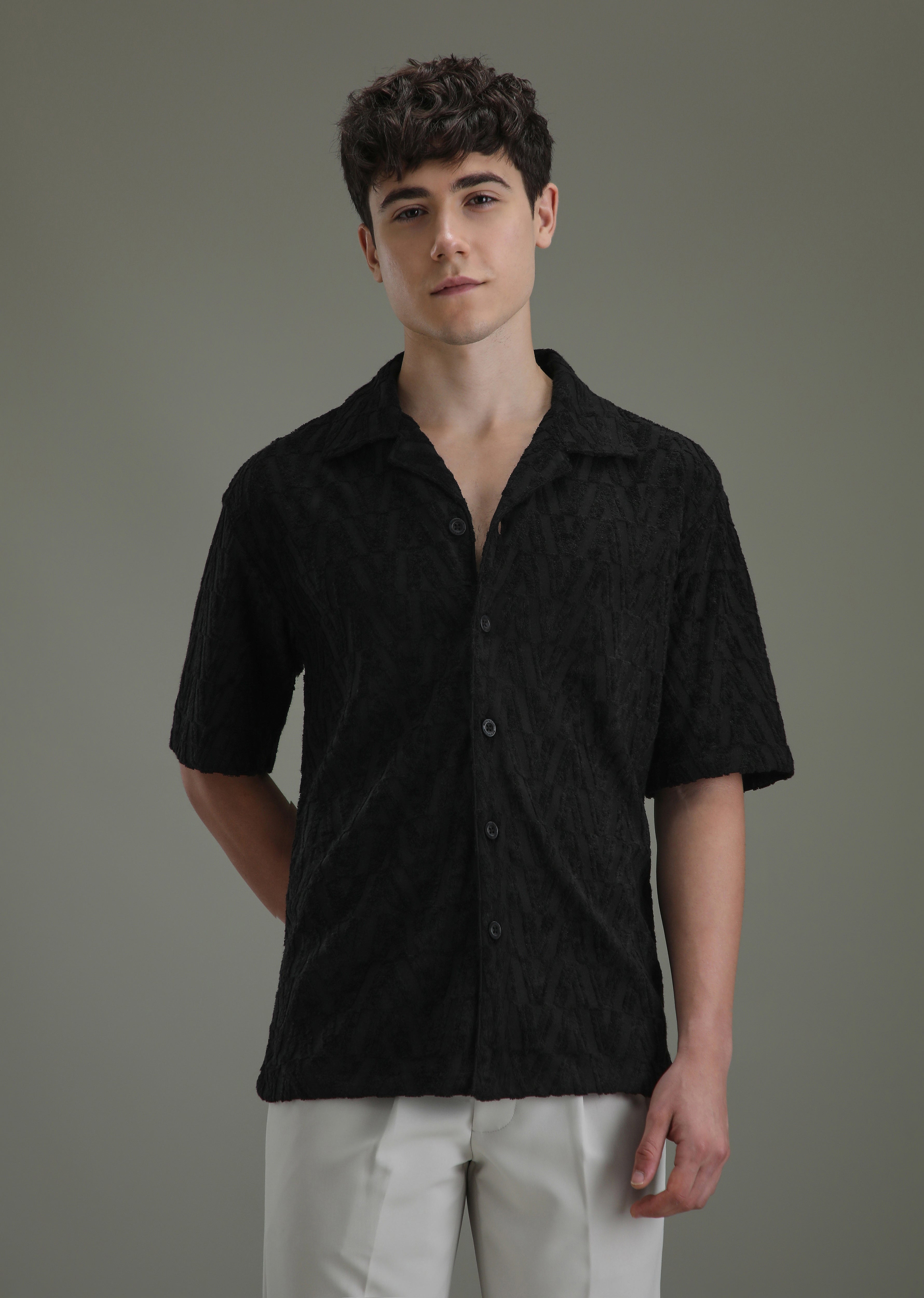Deep Black Jacquard Towelling Camp Shirt
