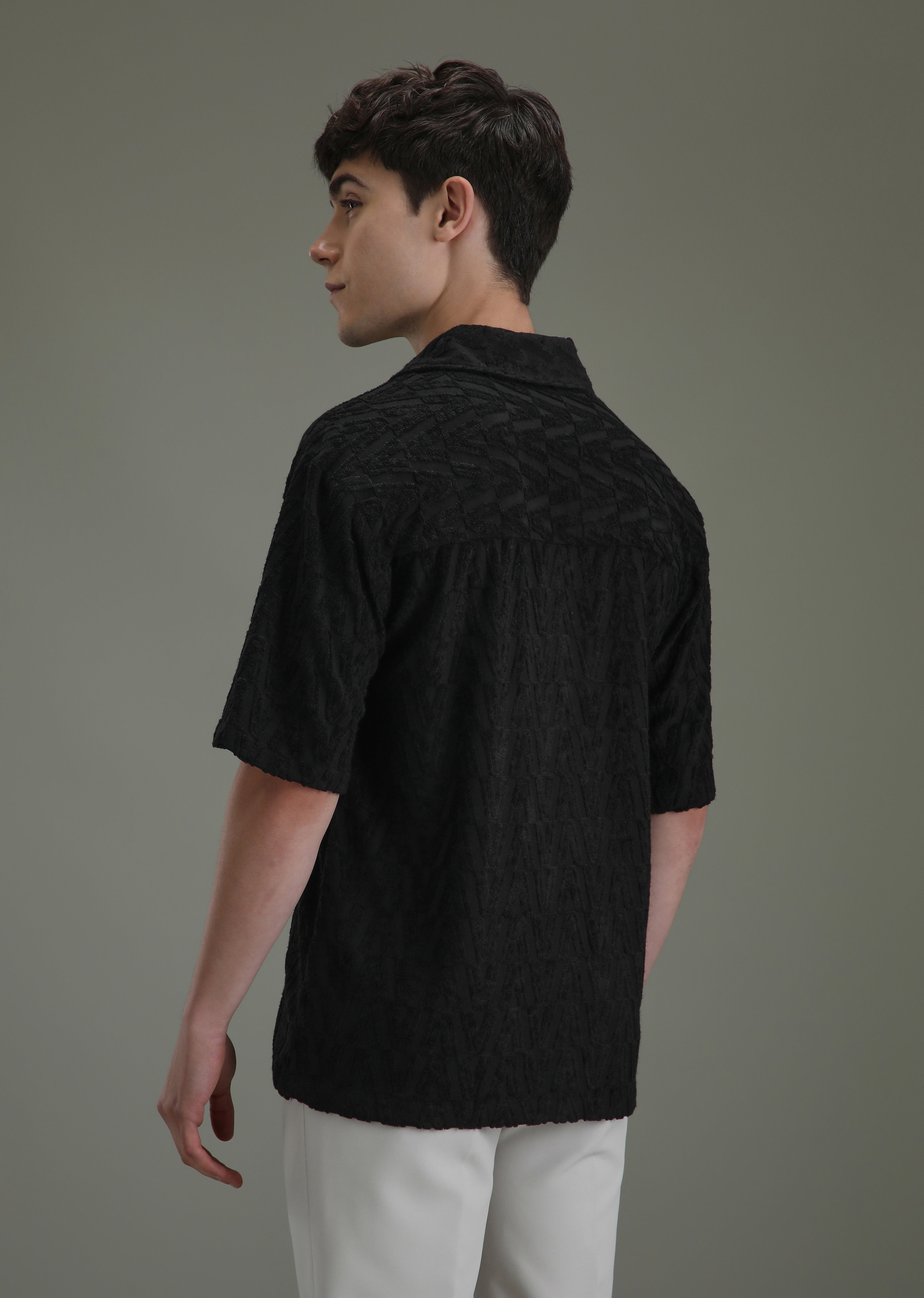 Deep Black Jacquard Towelling Camp Shirt
