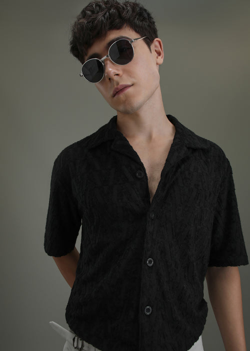 Deep Black Jacquard Towelling Camp Shirt