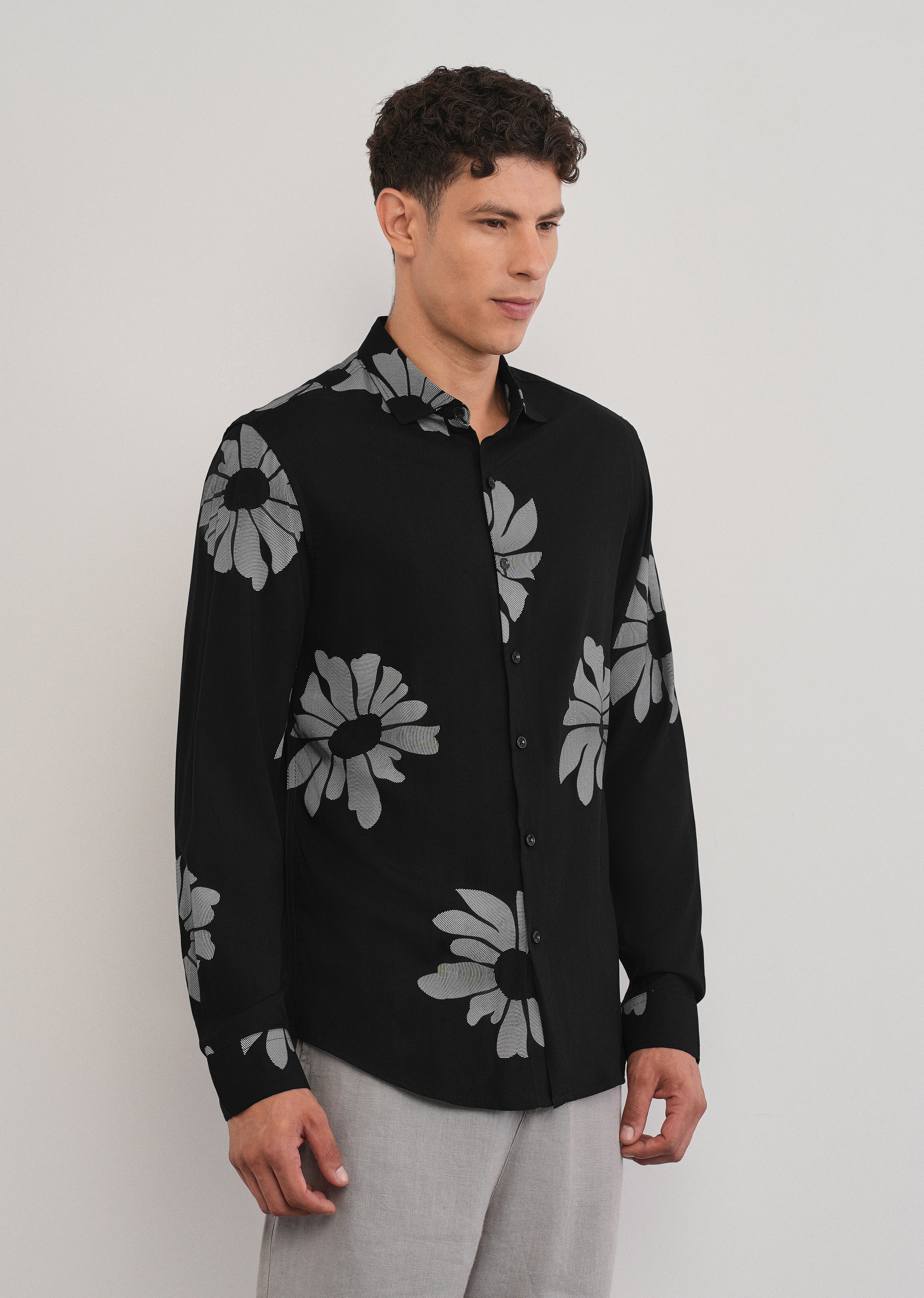 Black Linear Floral Print Shirt