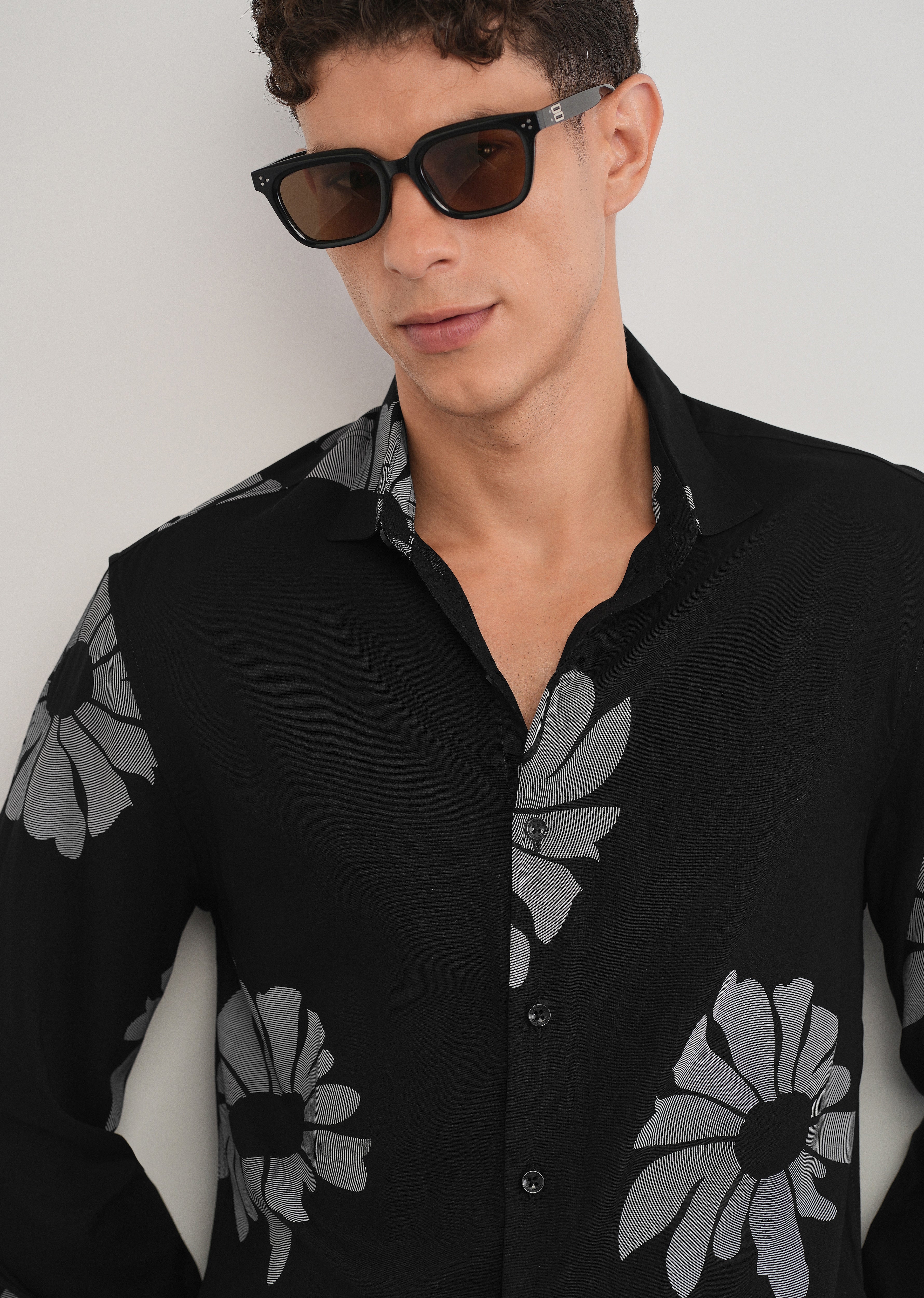 Black Linear Floral Print Shirt
