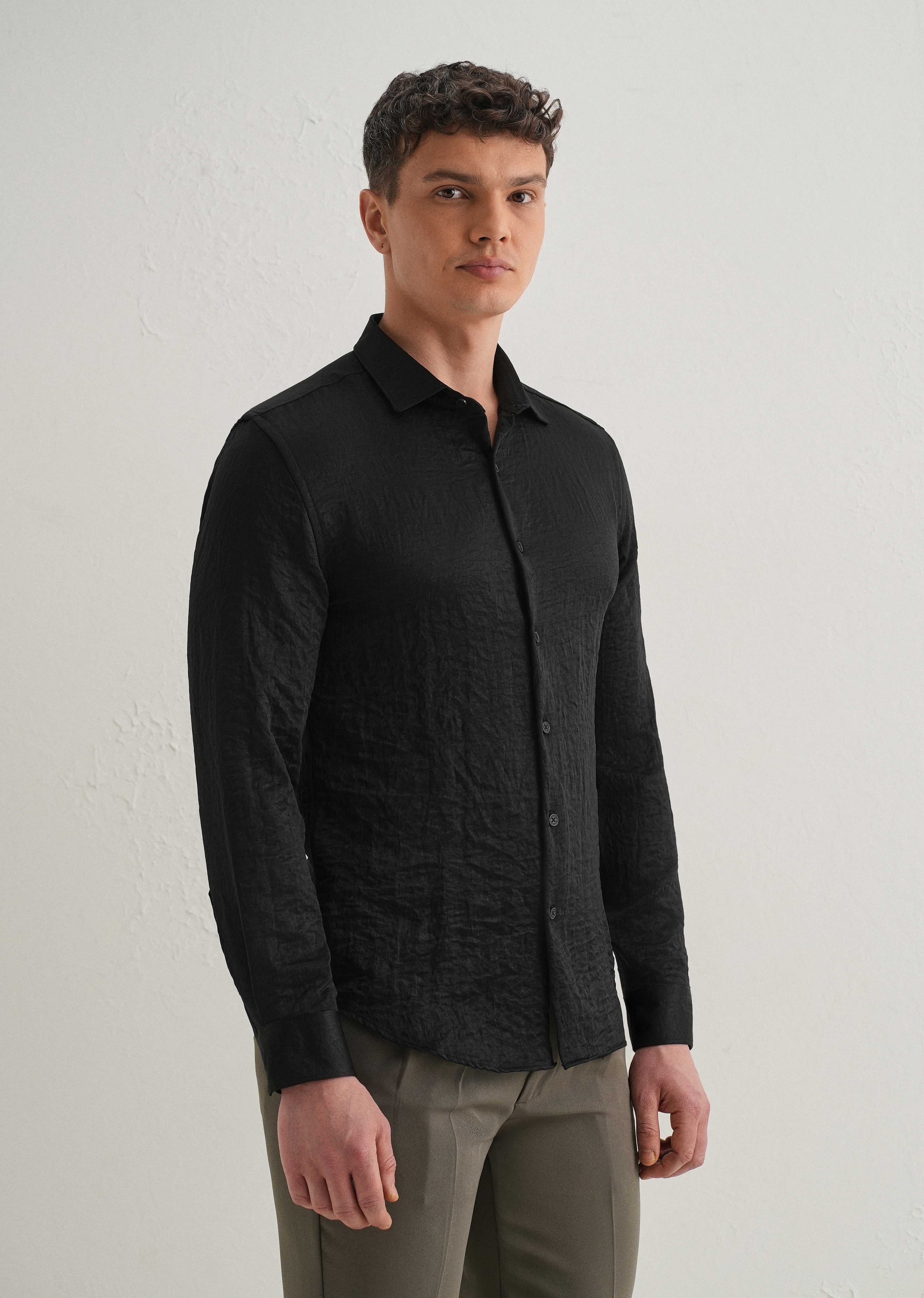Deep Black Plain Crushed Satin Shirt