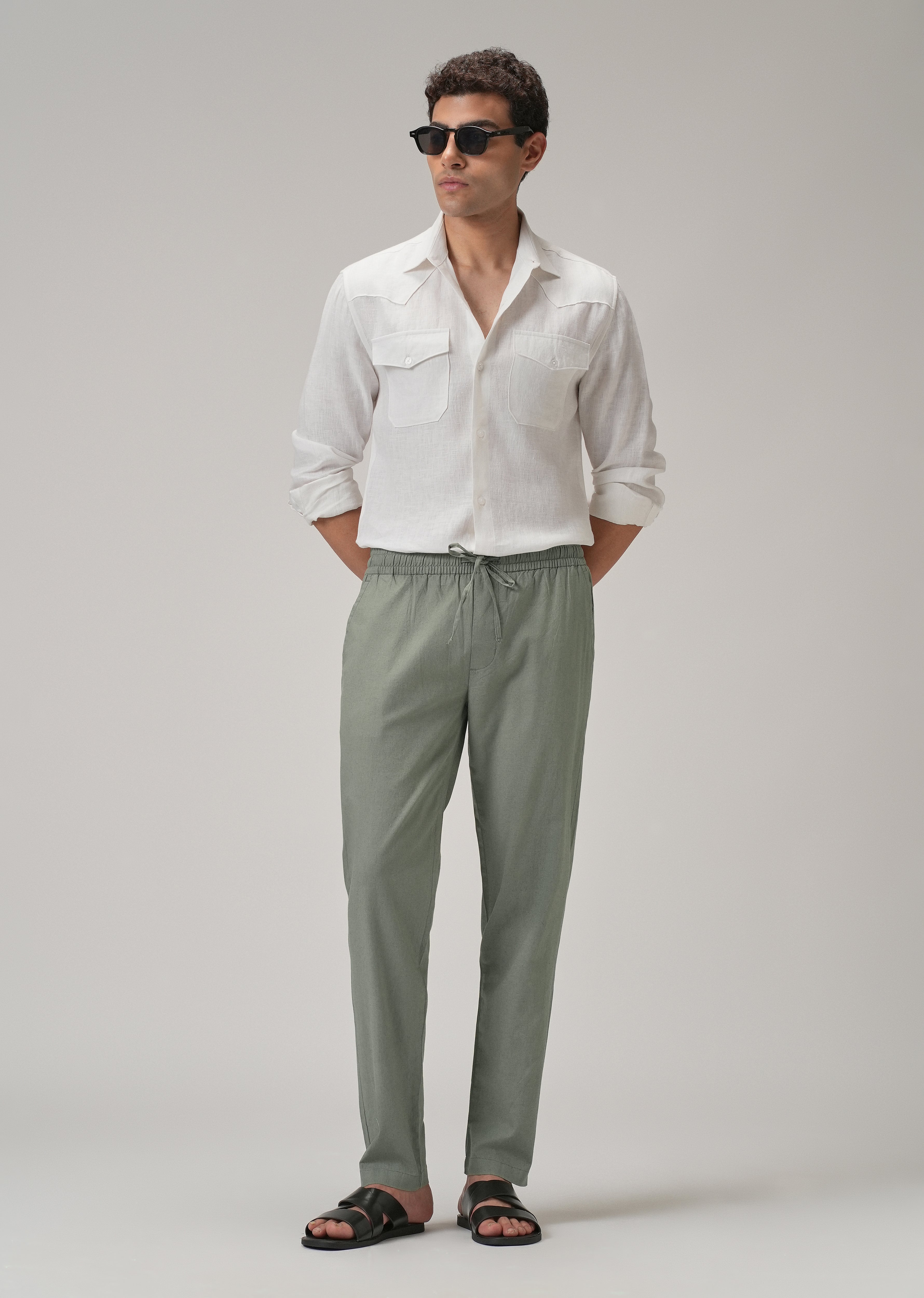 Drawstring Green Linen Pant