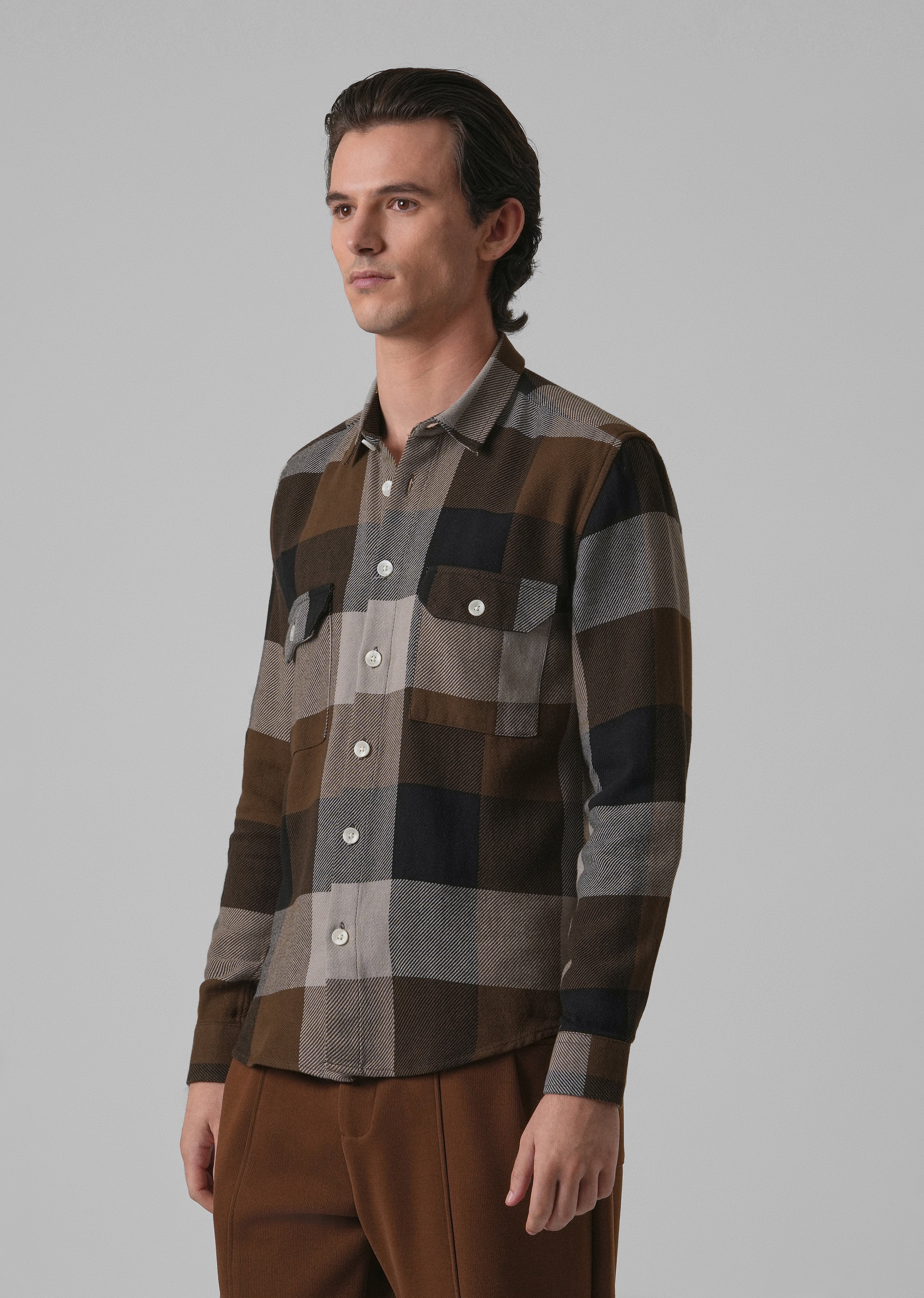Dusky Brown Brushed Cotton Check Shirt
