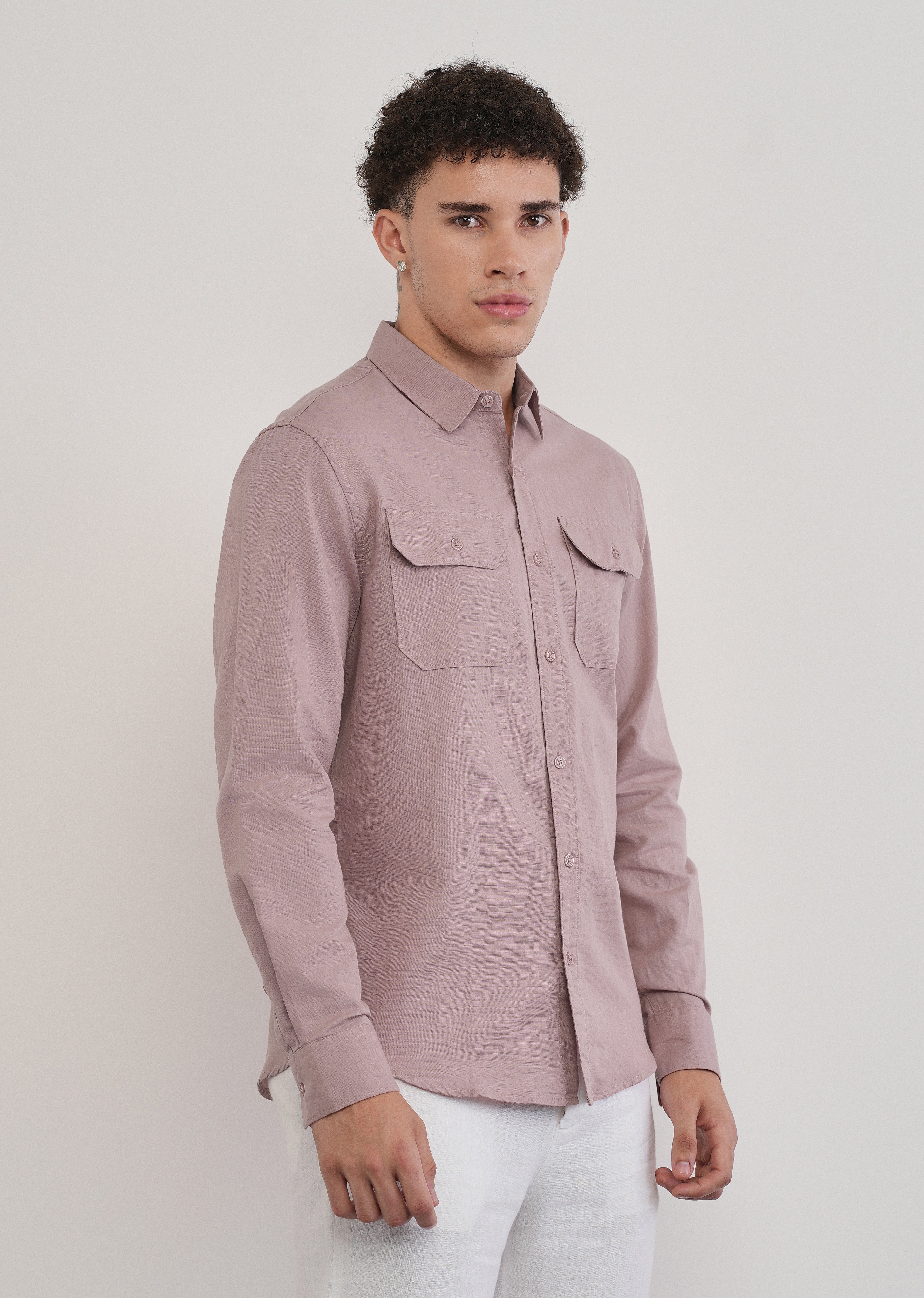 Dusty Rose Cotton Linen Flap Pocket Shirt