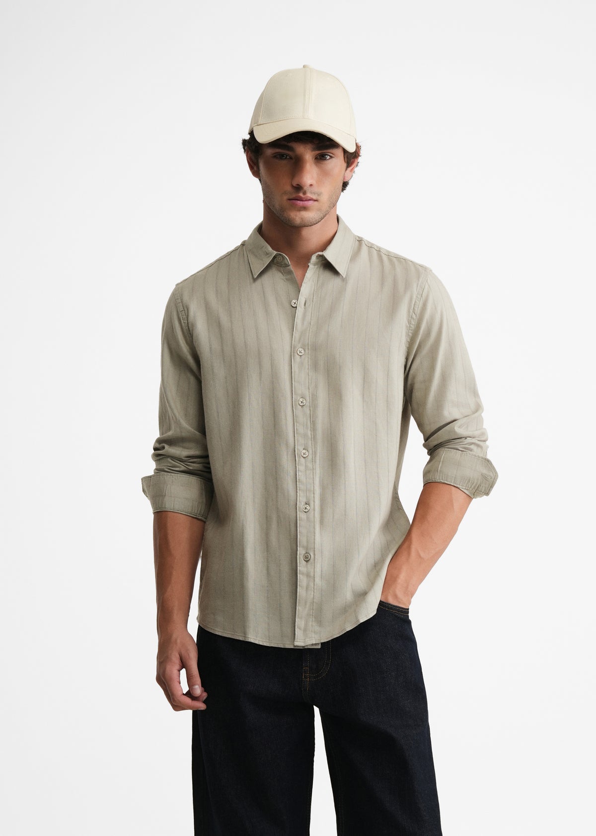 Dusty Sage Lyocell Cotton Self-Stripe Shirt