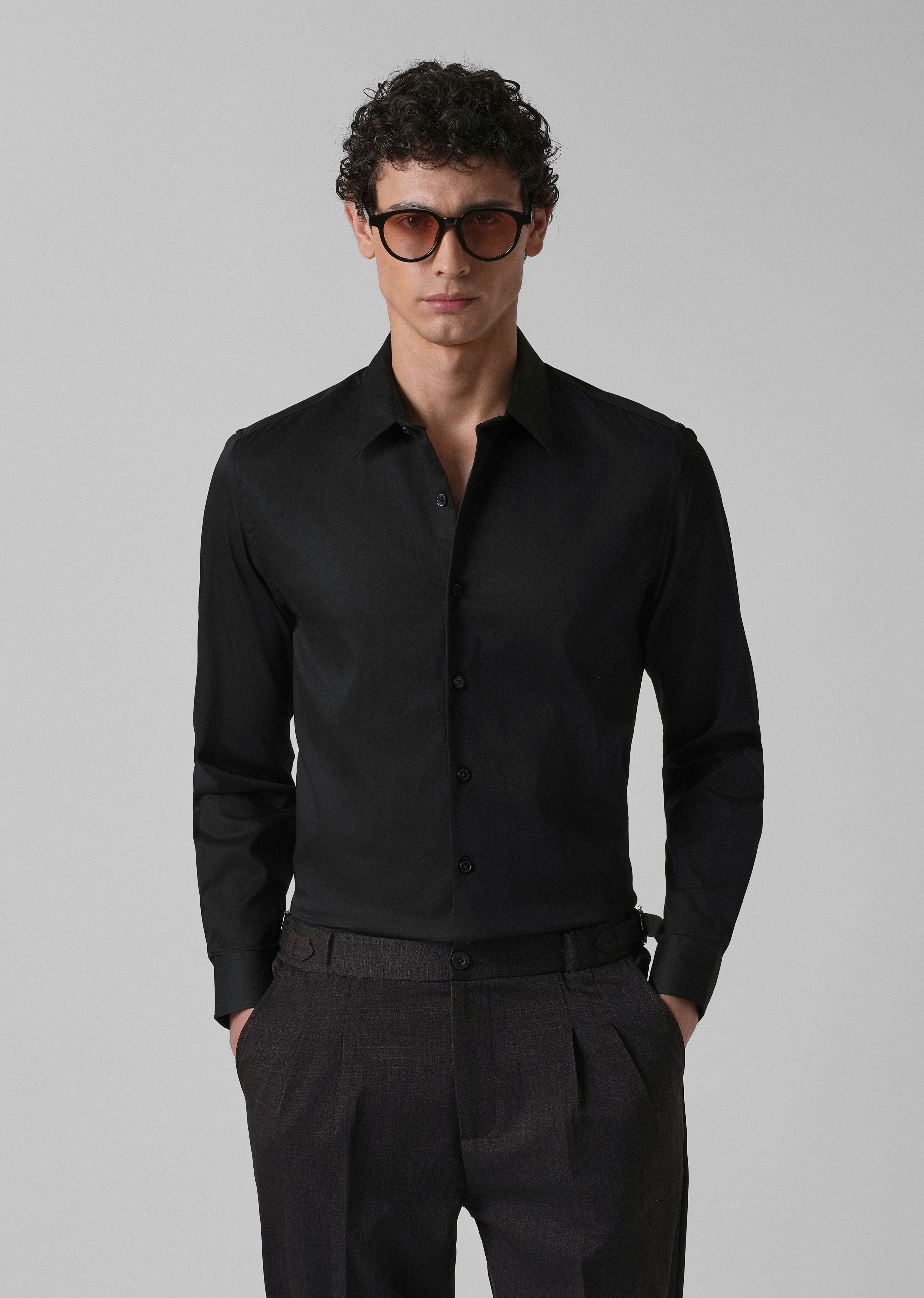 black dress special occasion DiBanGu Silk Button Down Shirt Black Blue Splicing Long Sleeve Shirt For Men, M main image 0
