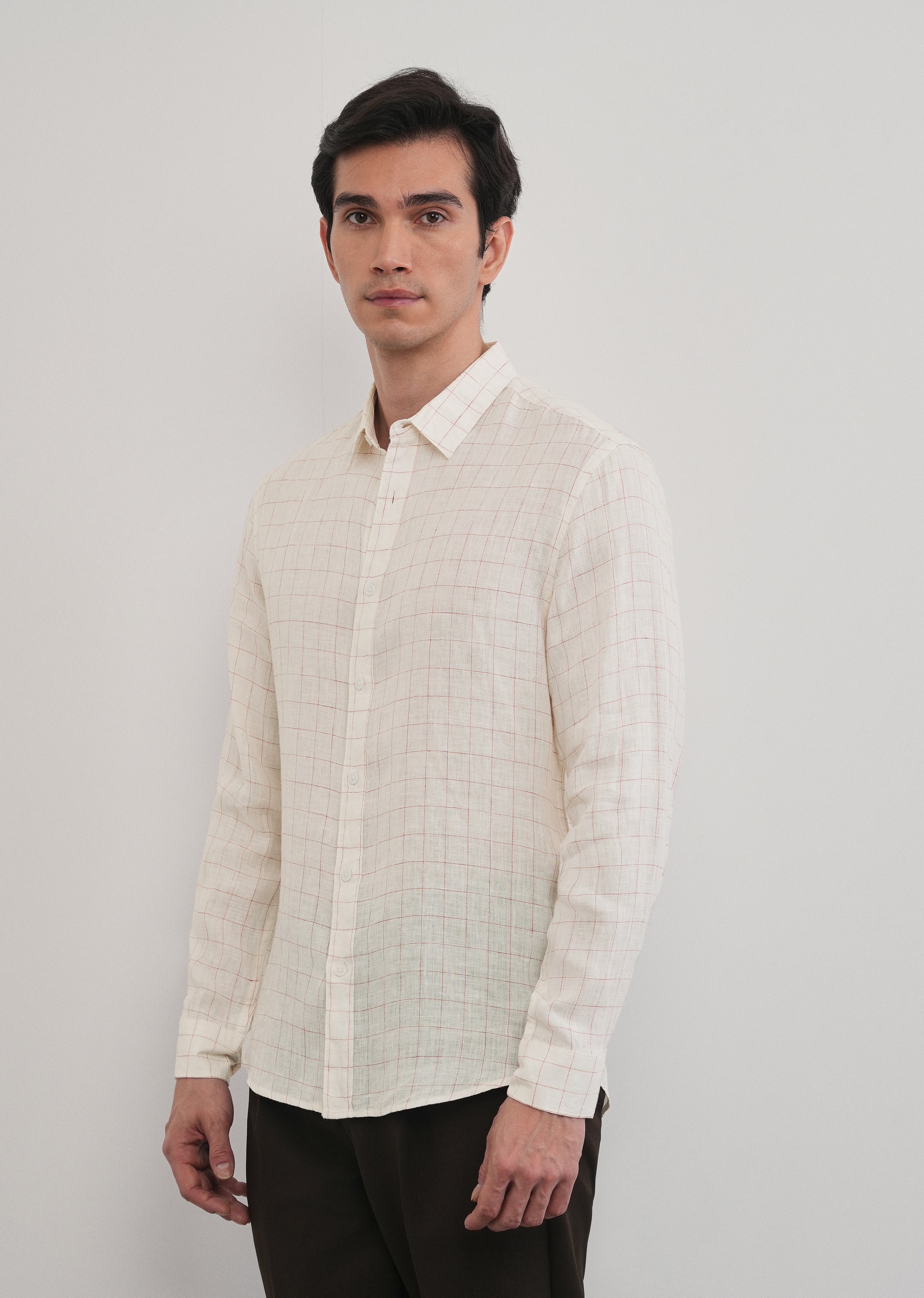 Ecru 100% Pure Linen Check Shirt