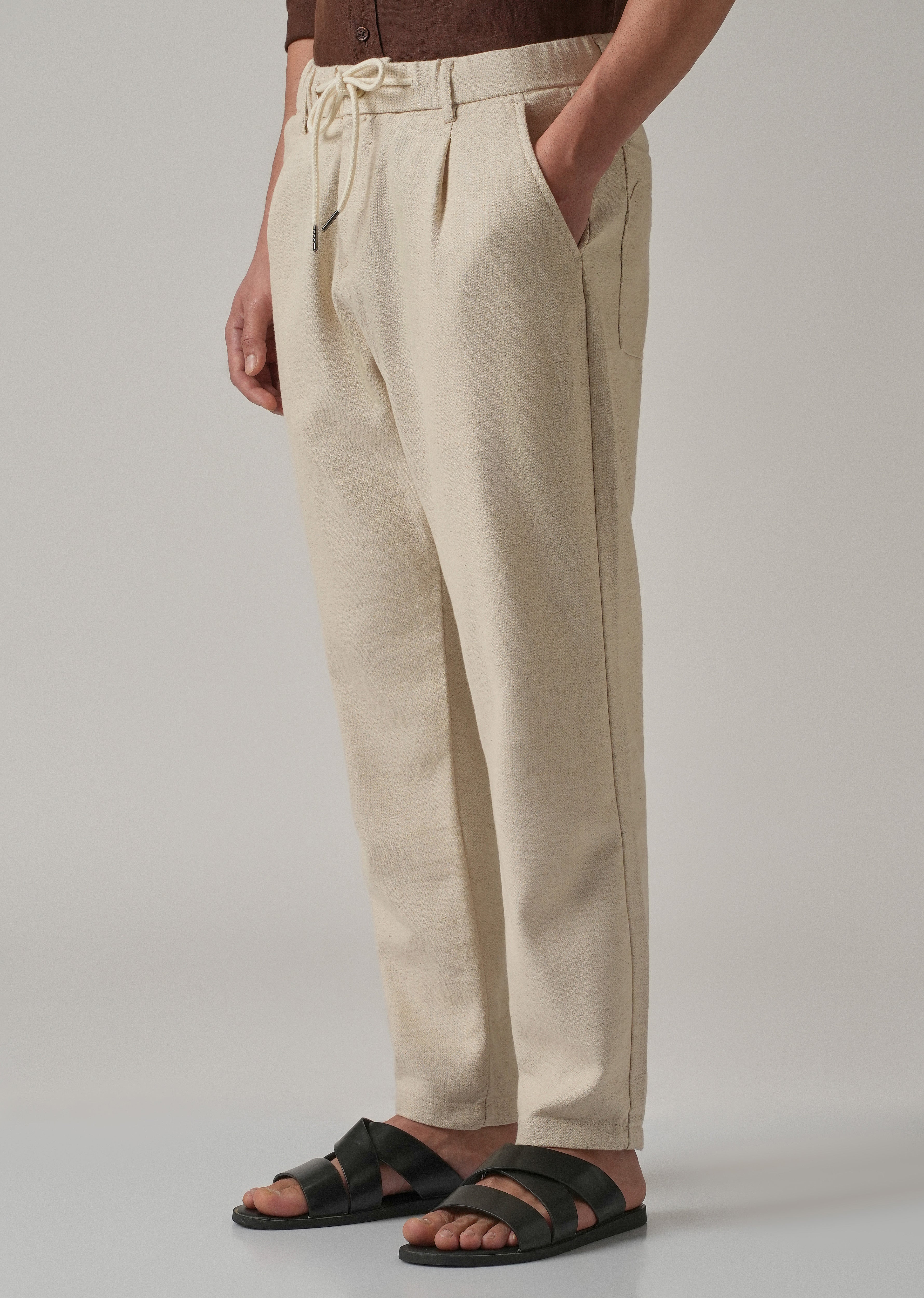 Ecru Beige Blended Linen Pant