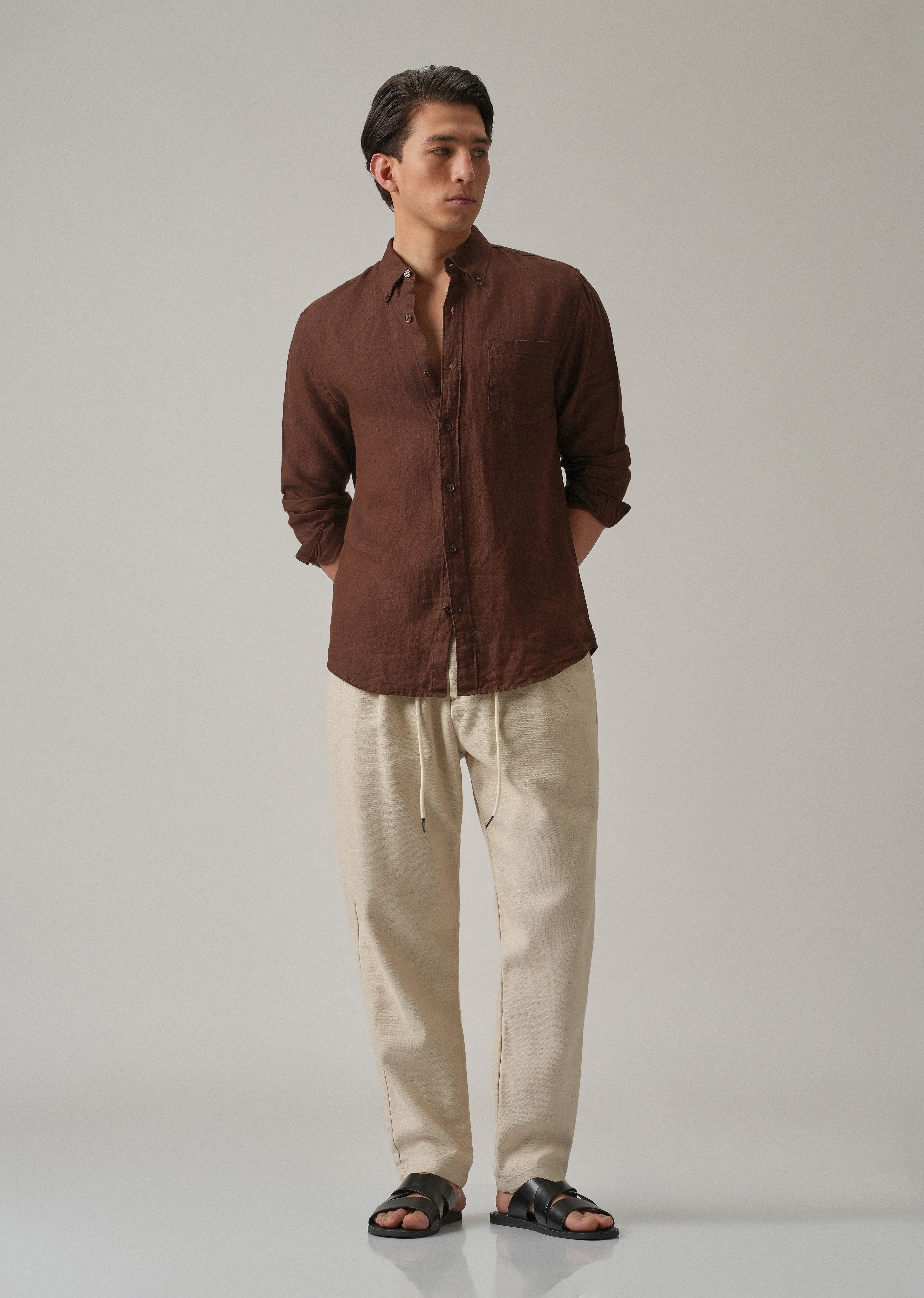 Ecru Beige Blended Linen Pant