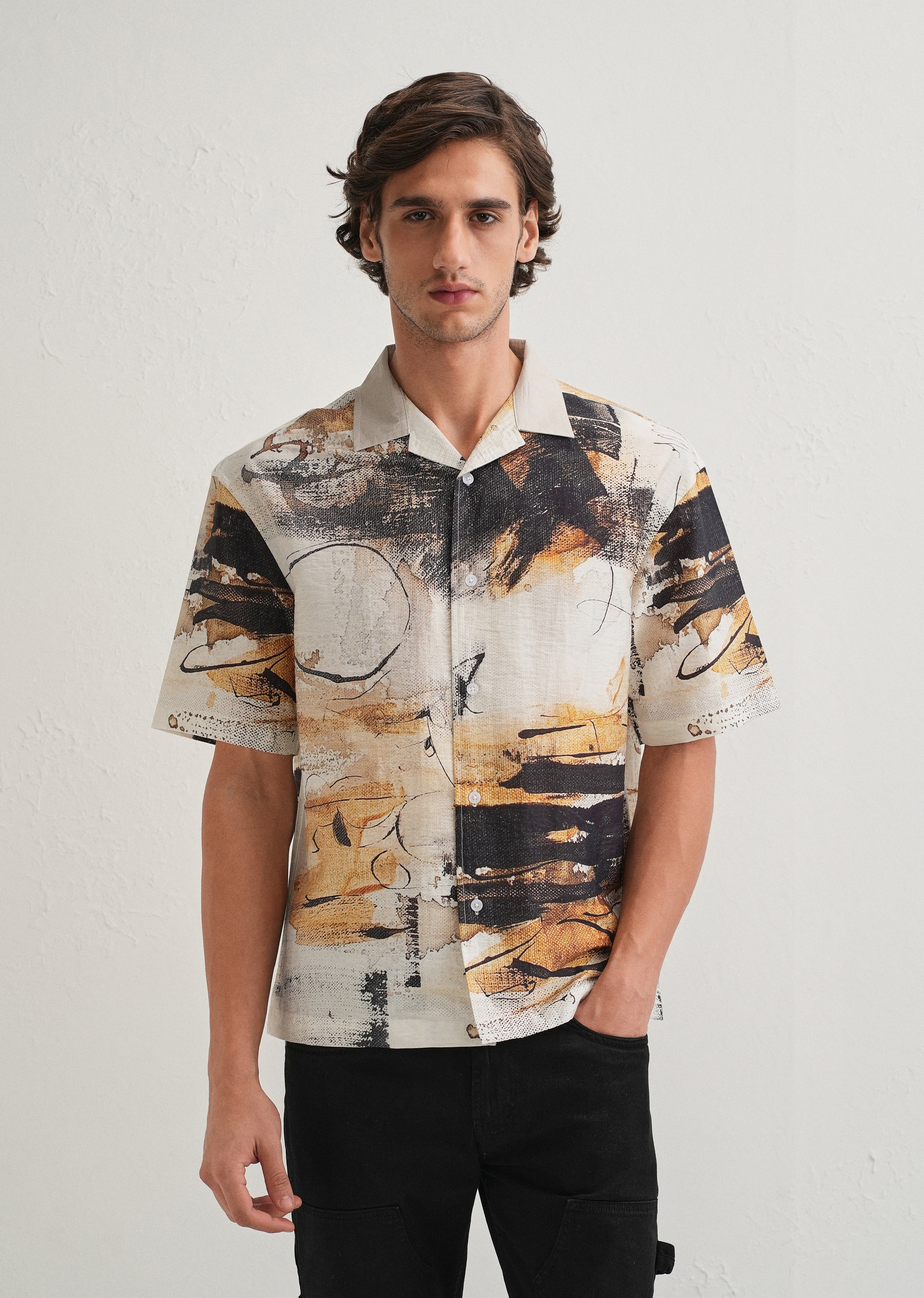 Ecru Brushstroke Placement Print Shirt
