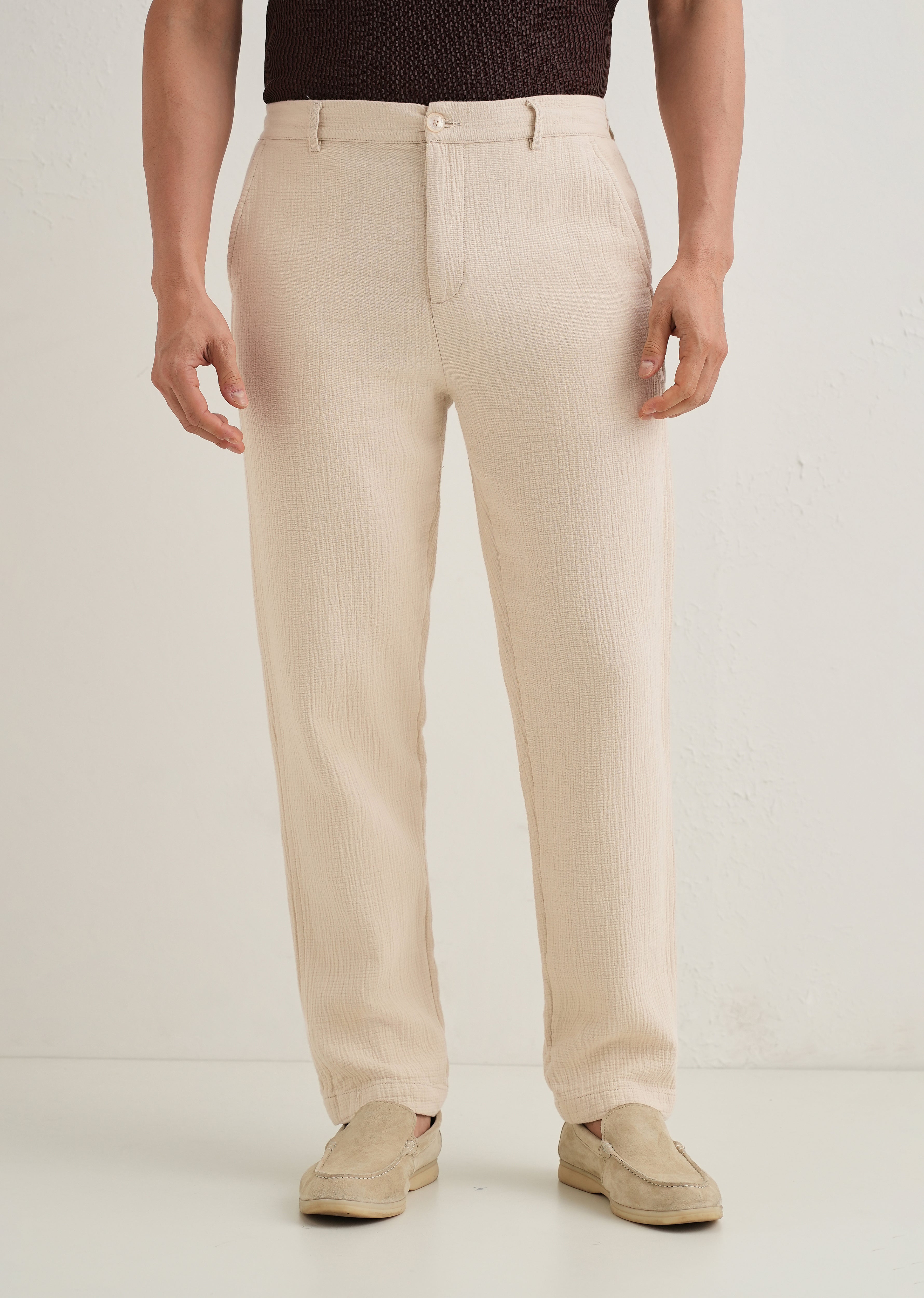 Ecru Crinkled Cotton Trouser