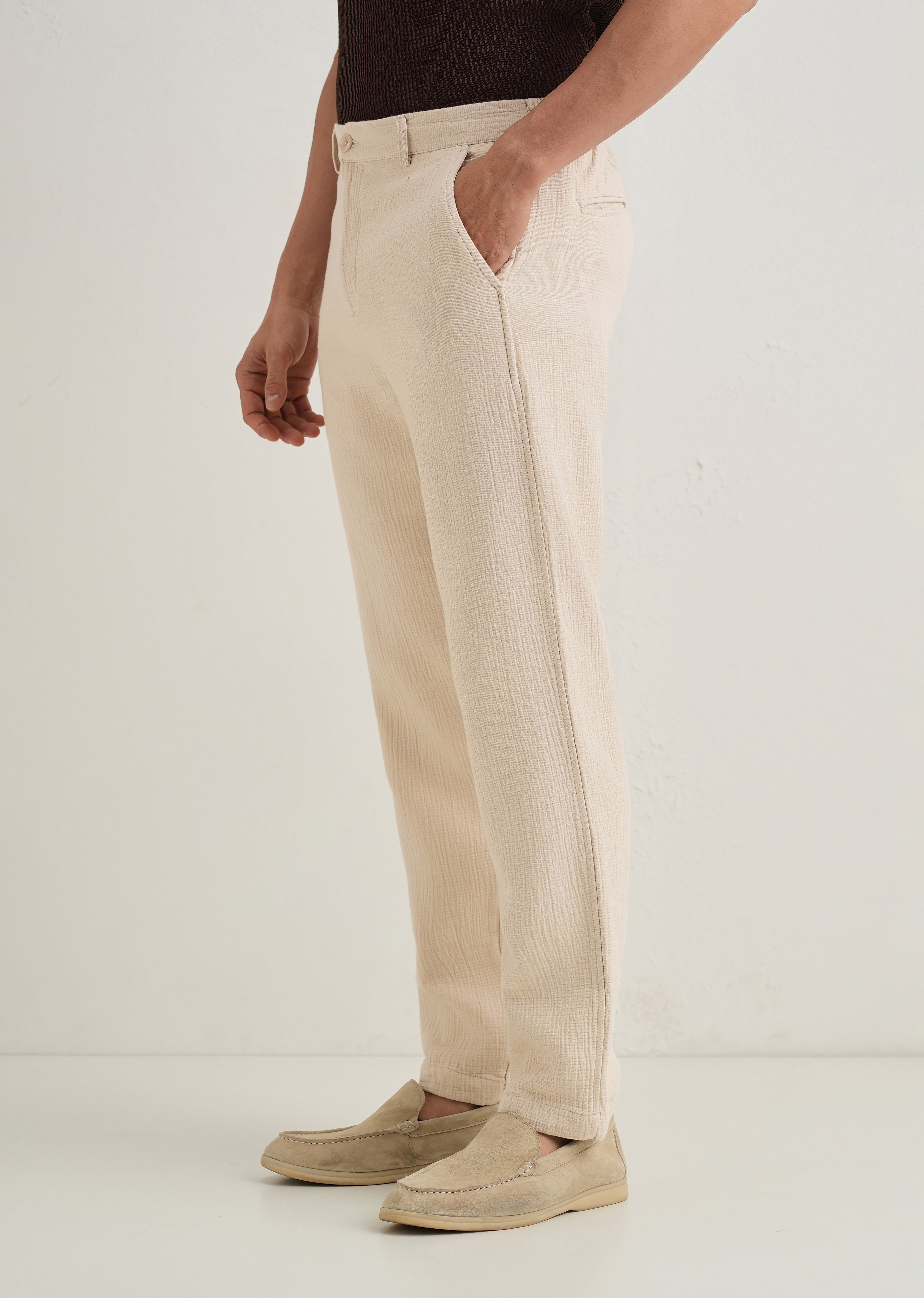 Ecru Crinkled Cotton Trouser