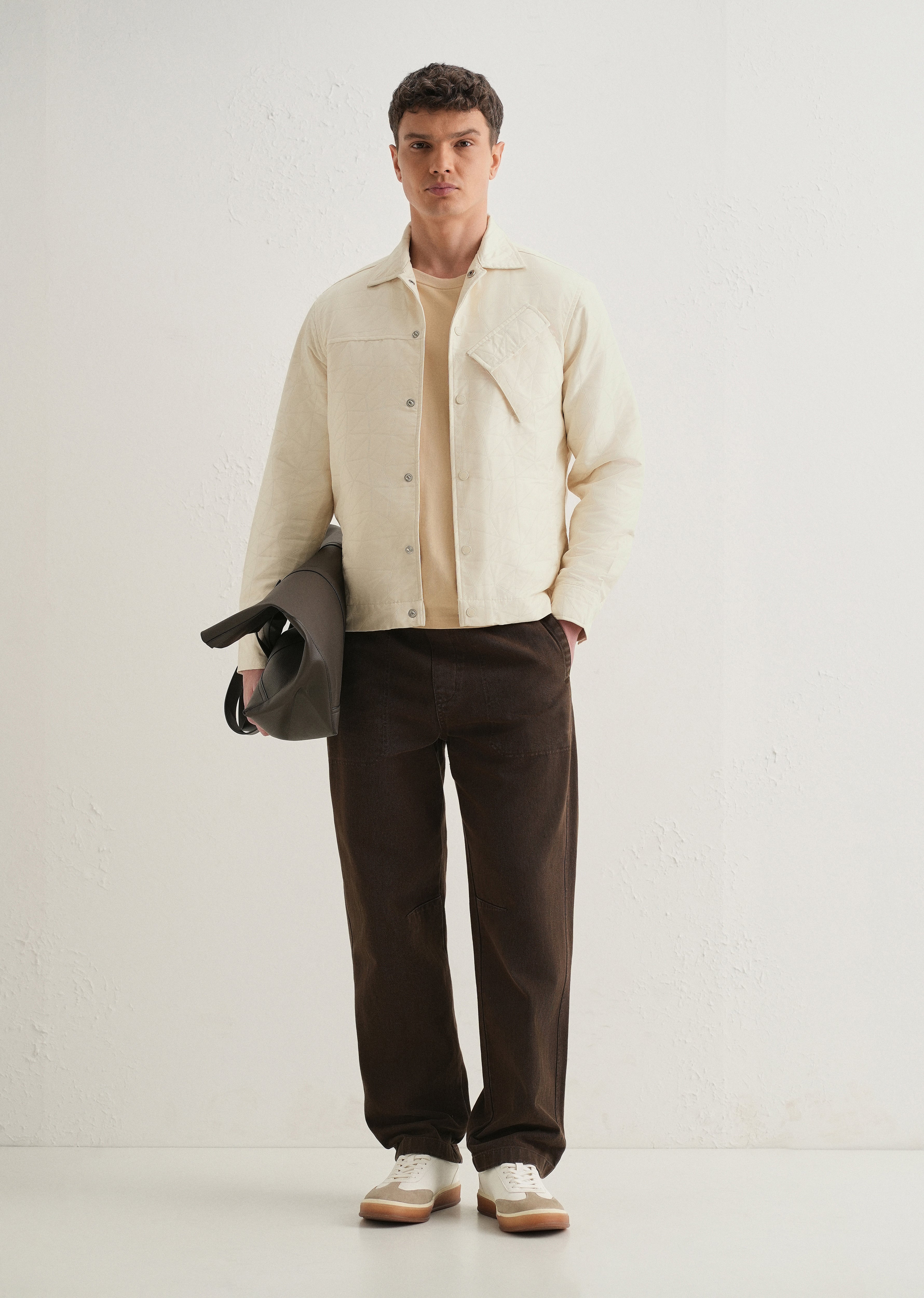 Ecru Cross Pocket Self Pattern Shacket