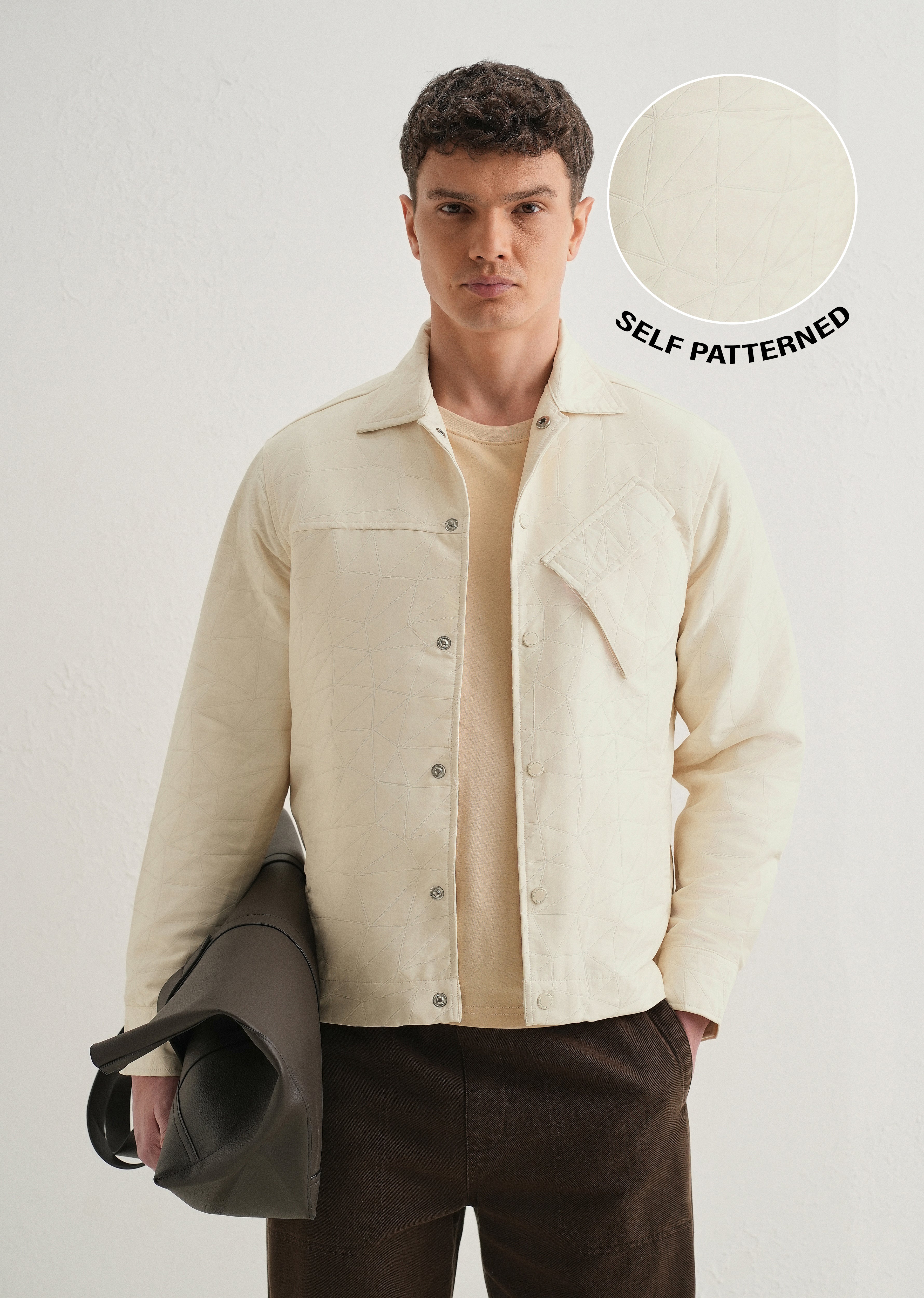 Ecru Cross Pocket Self Pattern Shacket