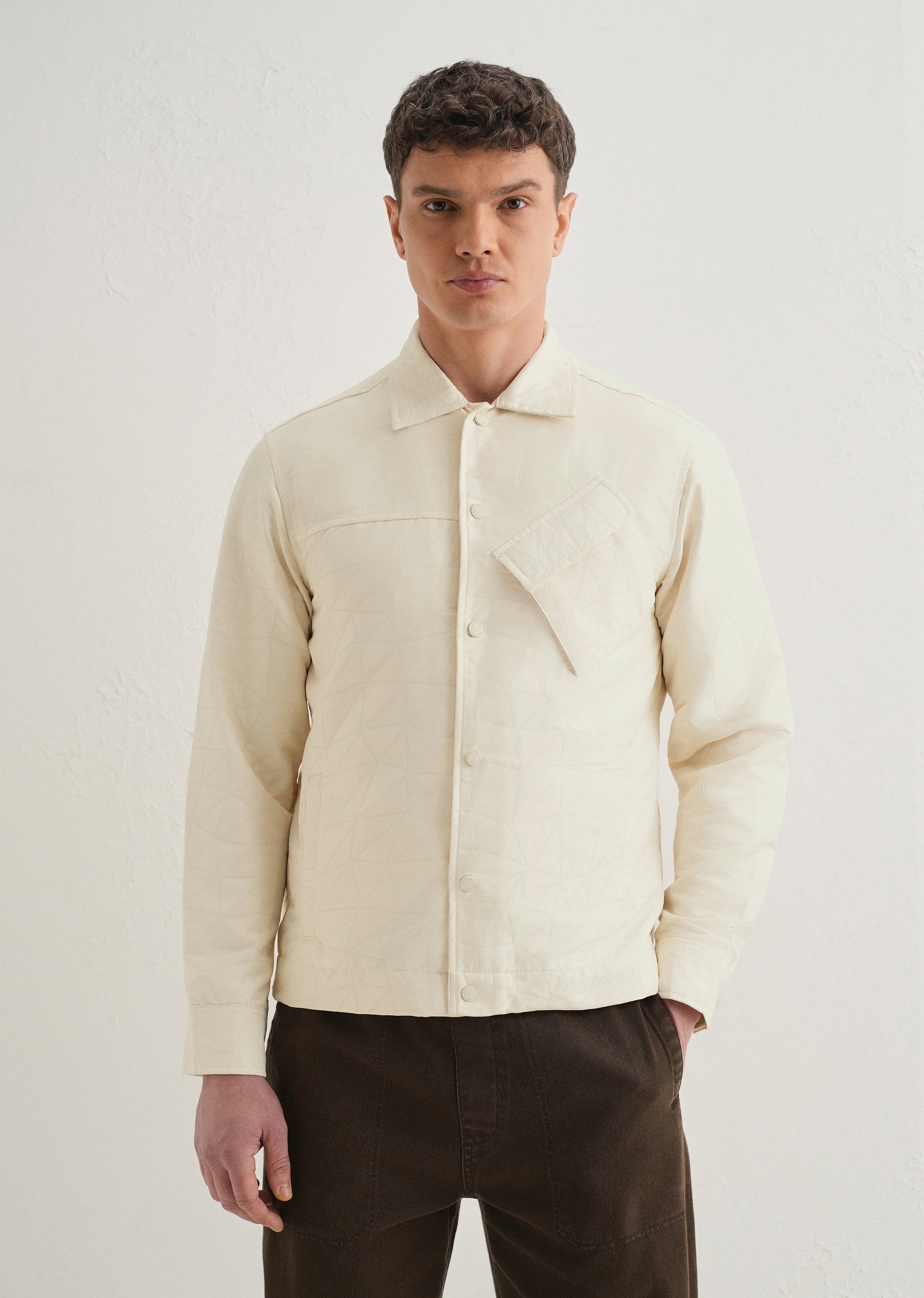 Ecru Cross Pocket Self Pattern Shacket